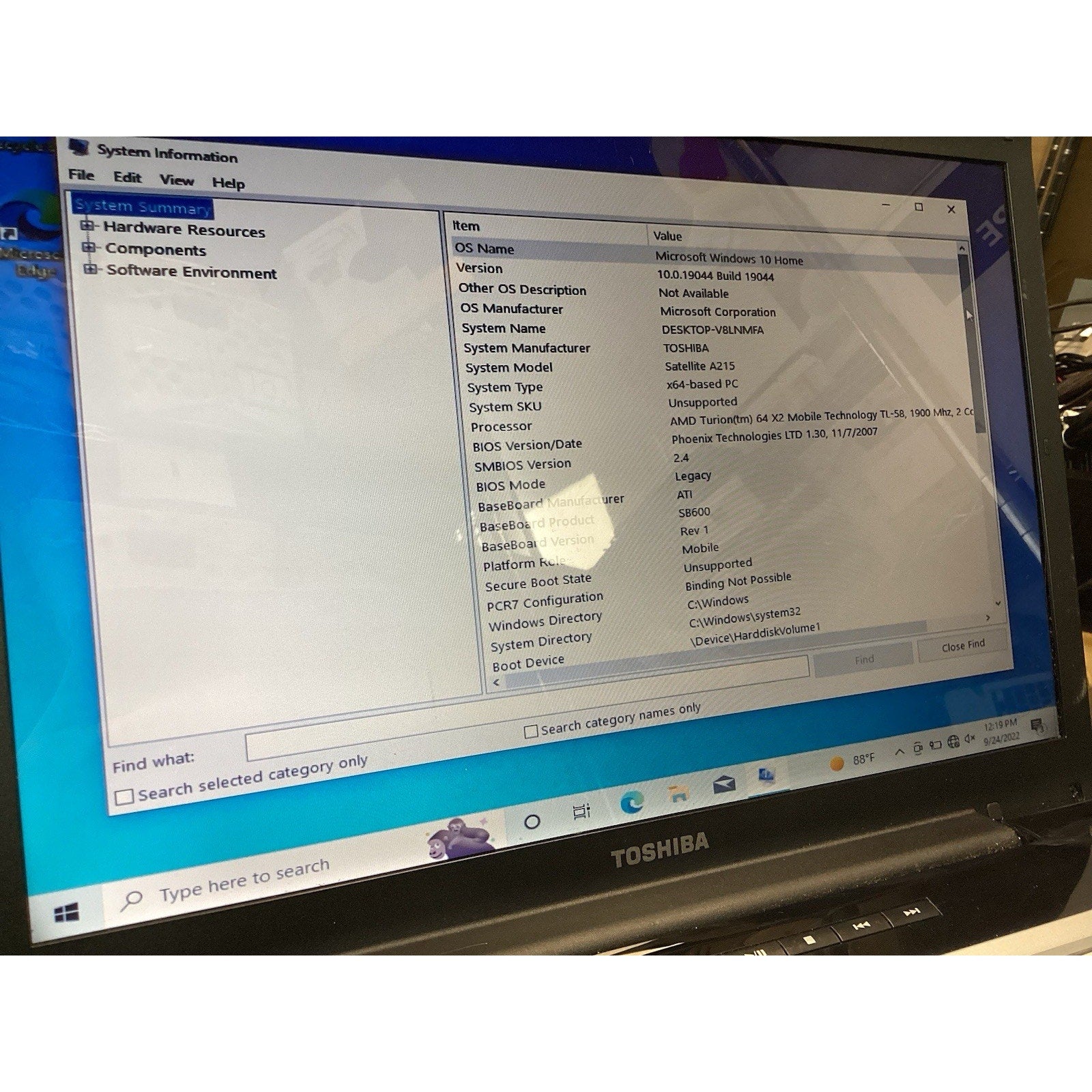 Toshiba Satellite A215-S7437 Laptop AMD Turion 64 X2 2GB RAM 120GB SSD-For Parts