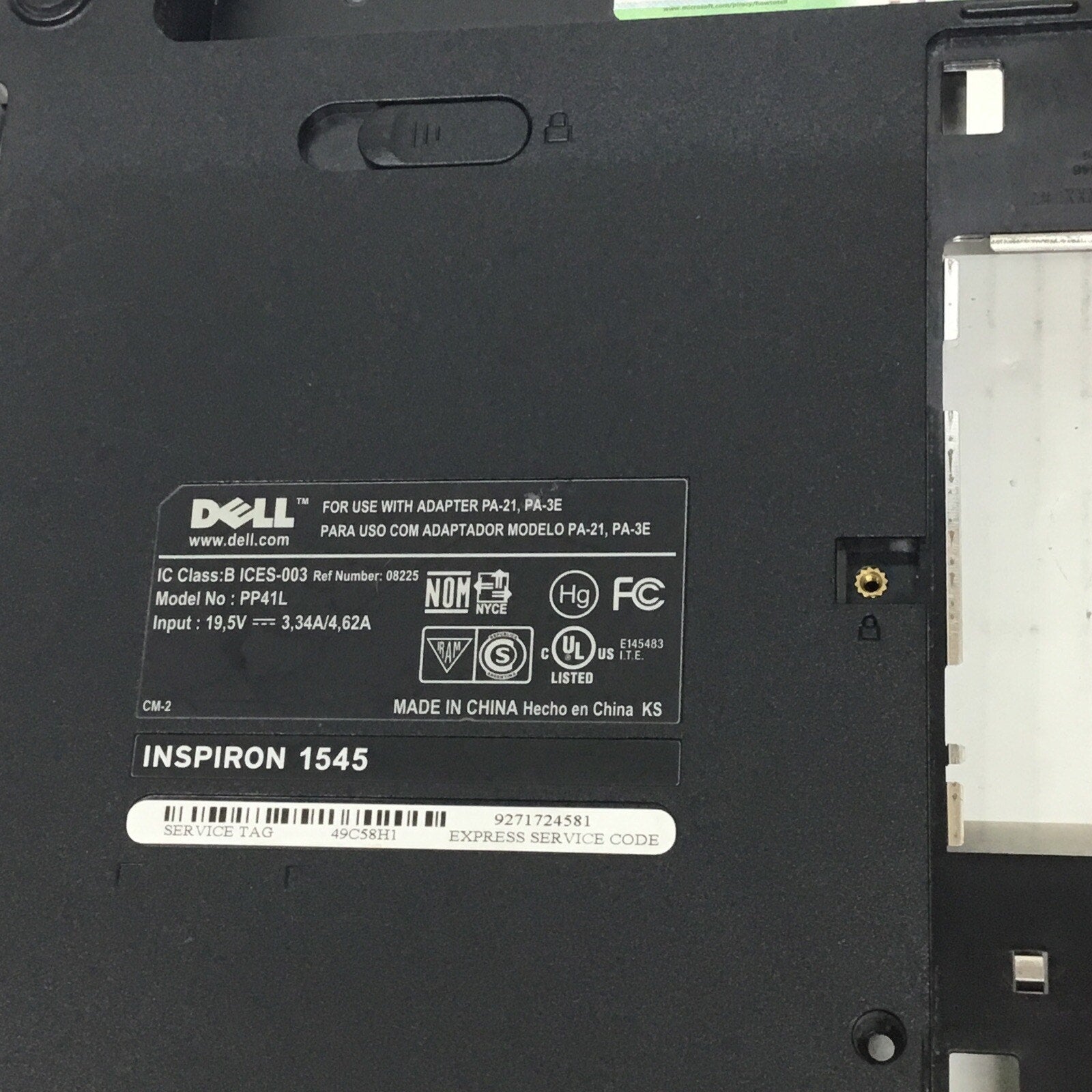 Dell Inspiron 1545 Laptop Bottom Case / Base Enclosure CN-0U499F