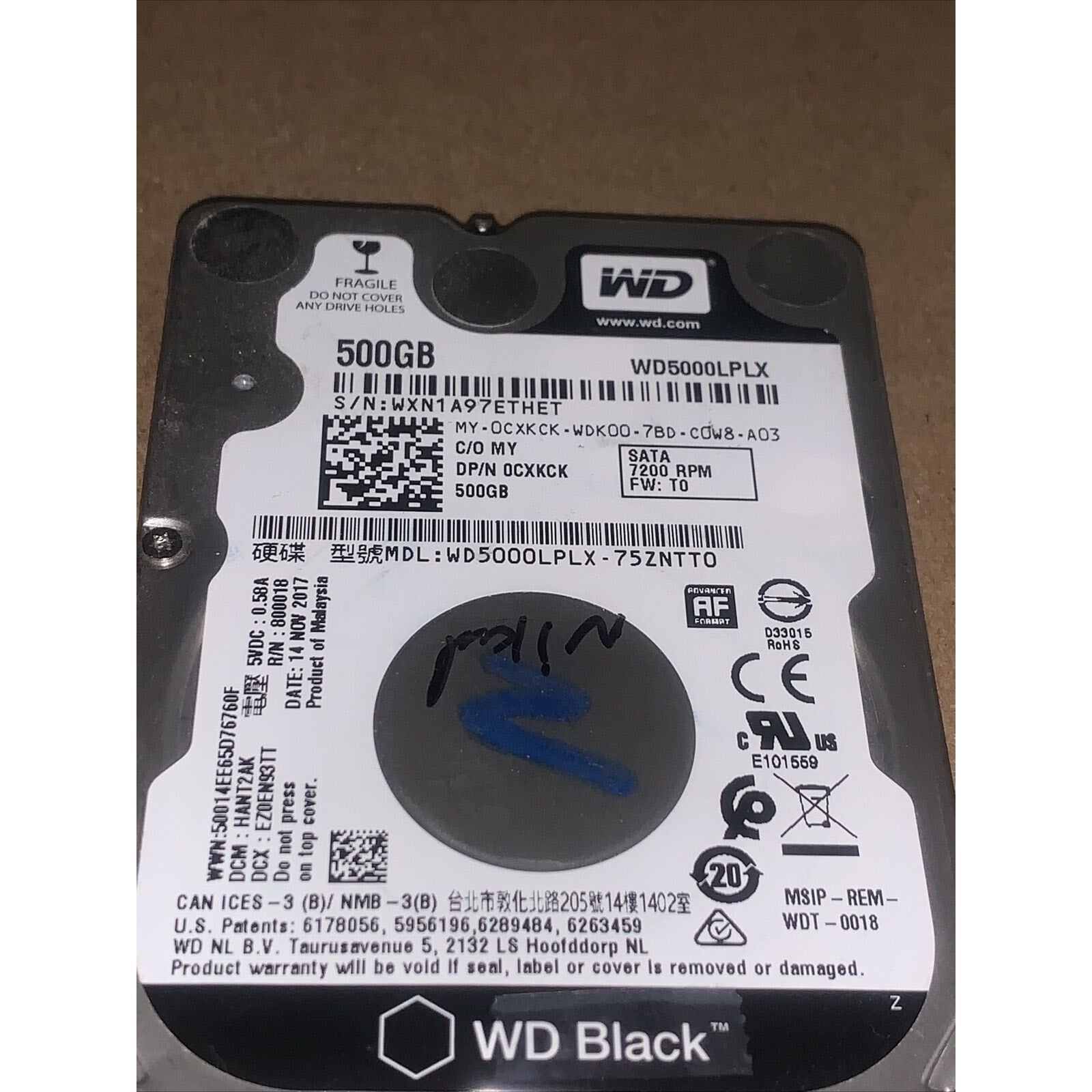 Western Digital WD Black WD5000LPLX 500GB SATA III 6Gb/s 7200RPM 2.5" Laptop HDD