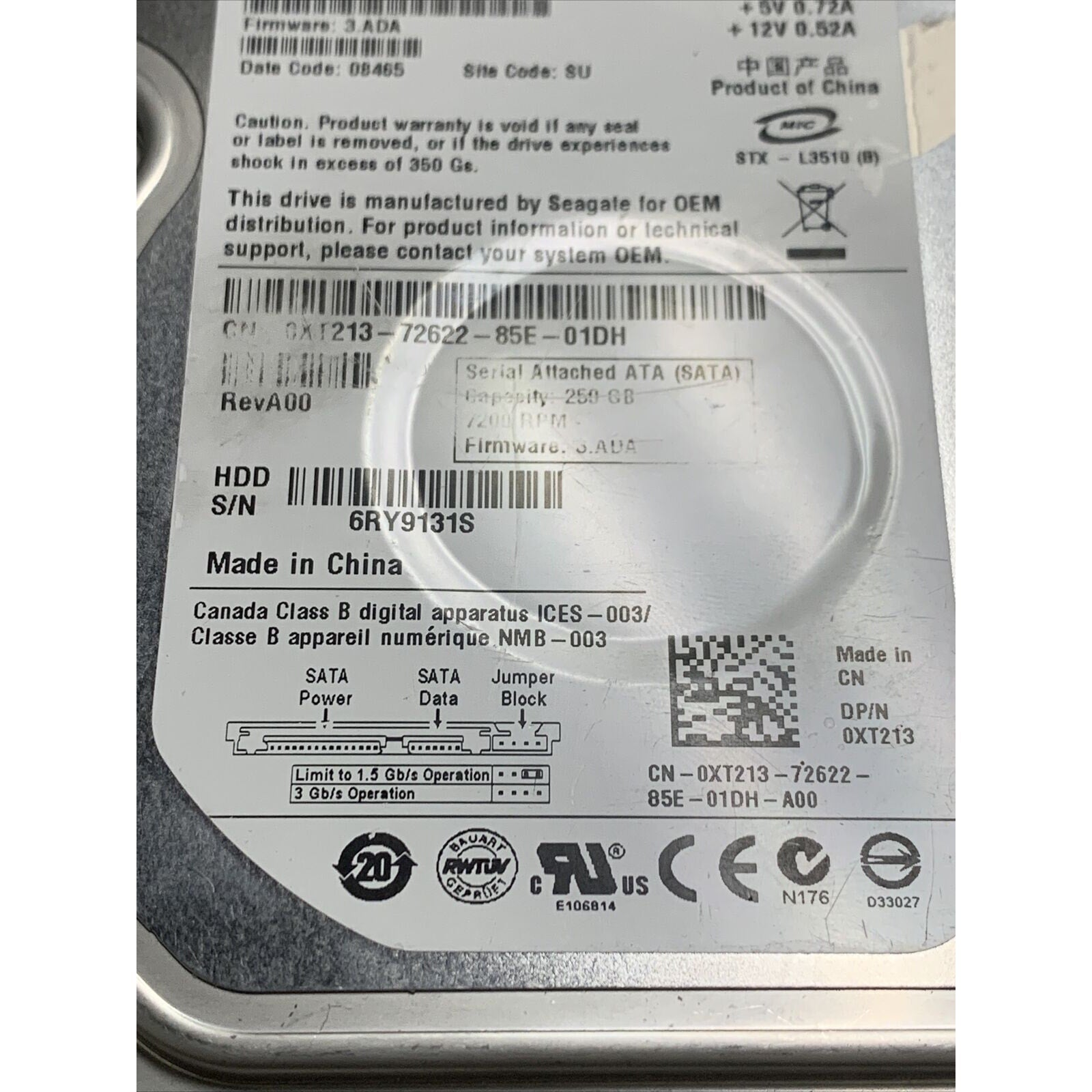 Hard Drive 250 GB Seagate Barracuda ST3250310AS 3.5" Desktop SATA 7200RPM