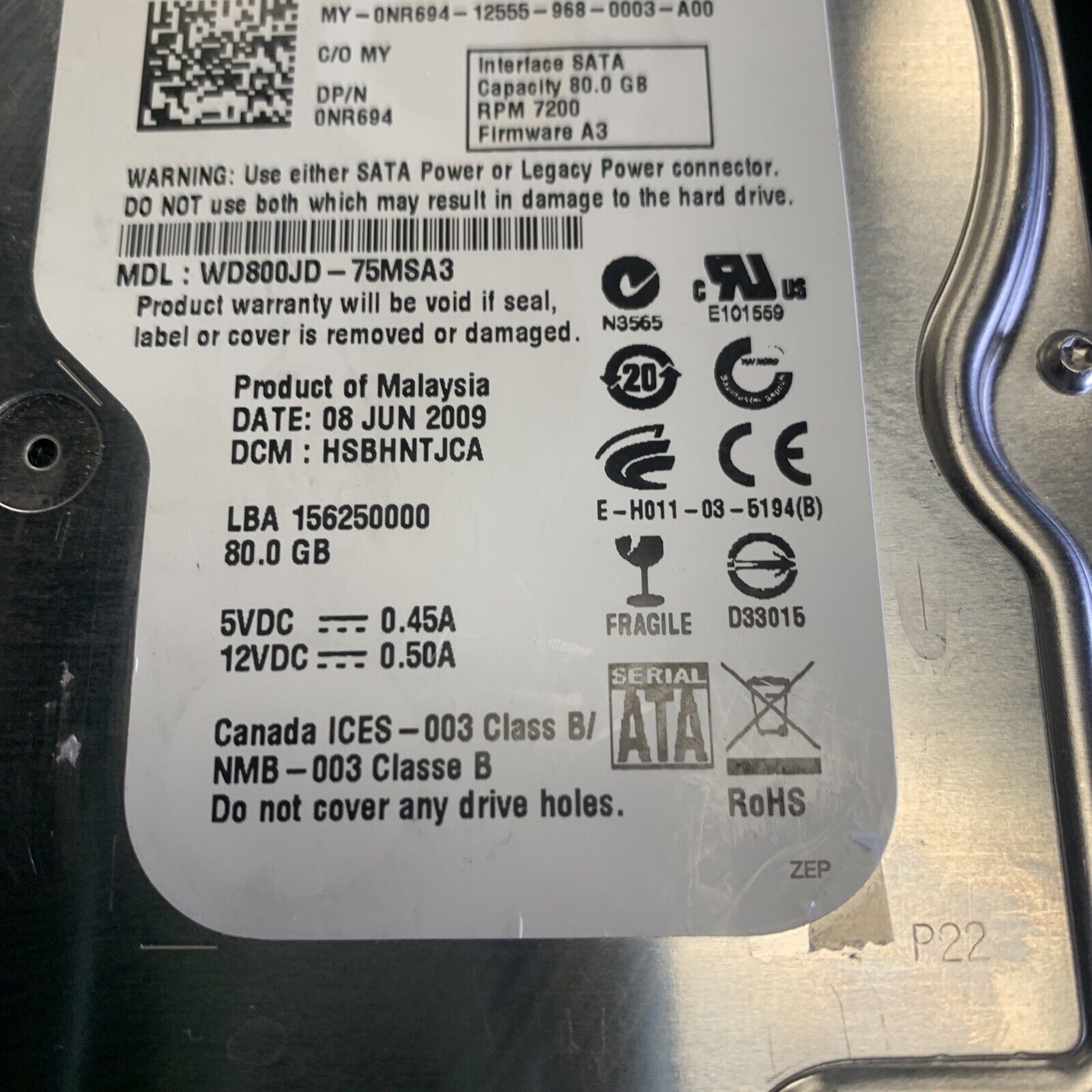 Western Digital WD800JD-75MSA3 HSBHNTJCA 3.5" HDD 80GB 3.5” SATA HDD