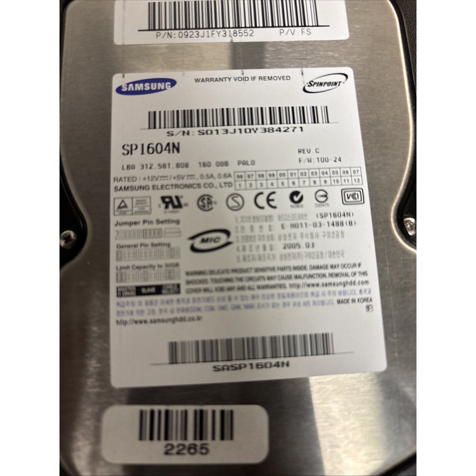SAMSUNG SP1604N 160GB GB IDE 3.5" Hard Drive SASP1604N P/N: 0923J1FY318552