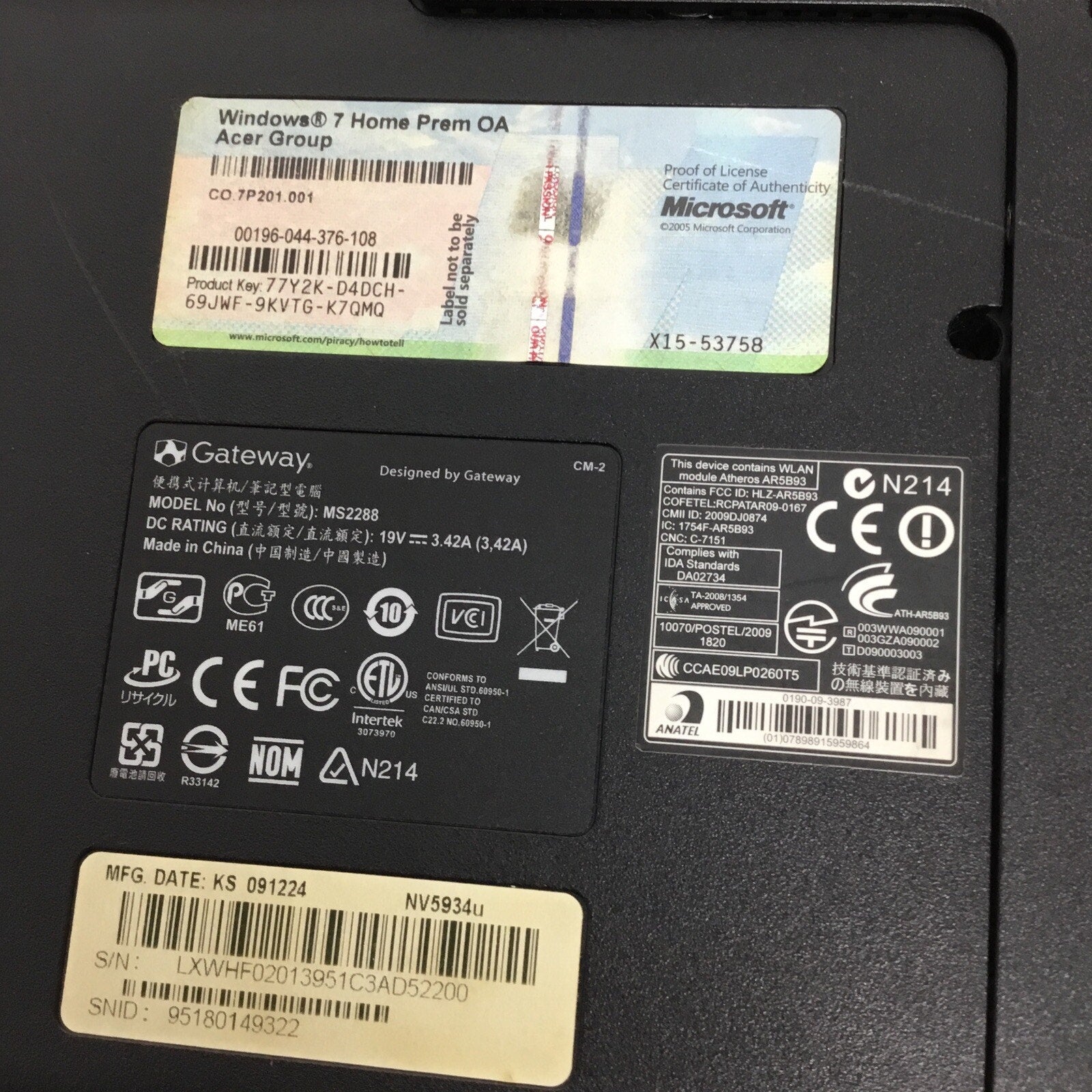 Gateway NV59 Laptop MS2288 FOR PARTS/REPAIR