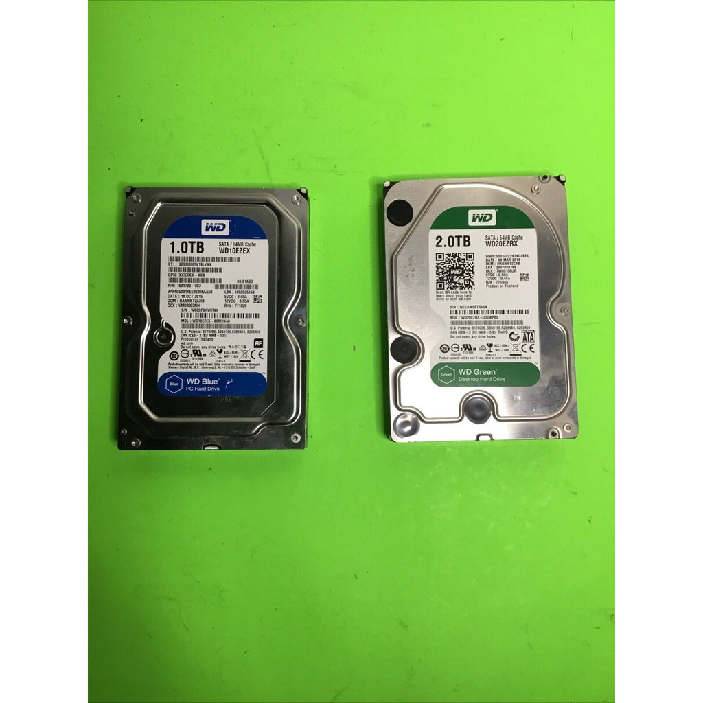 Lot of 2 Western Digital 1TB and 2TB 3.5" SATA Internal Desktop Drive HDDs