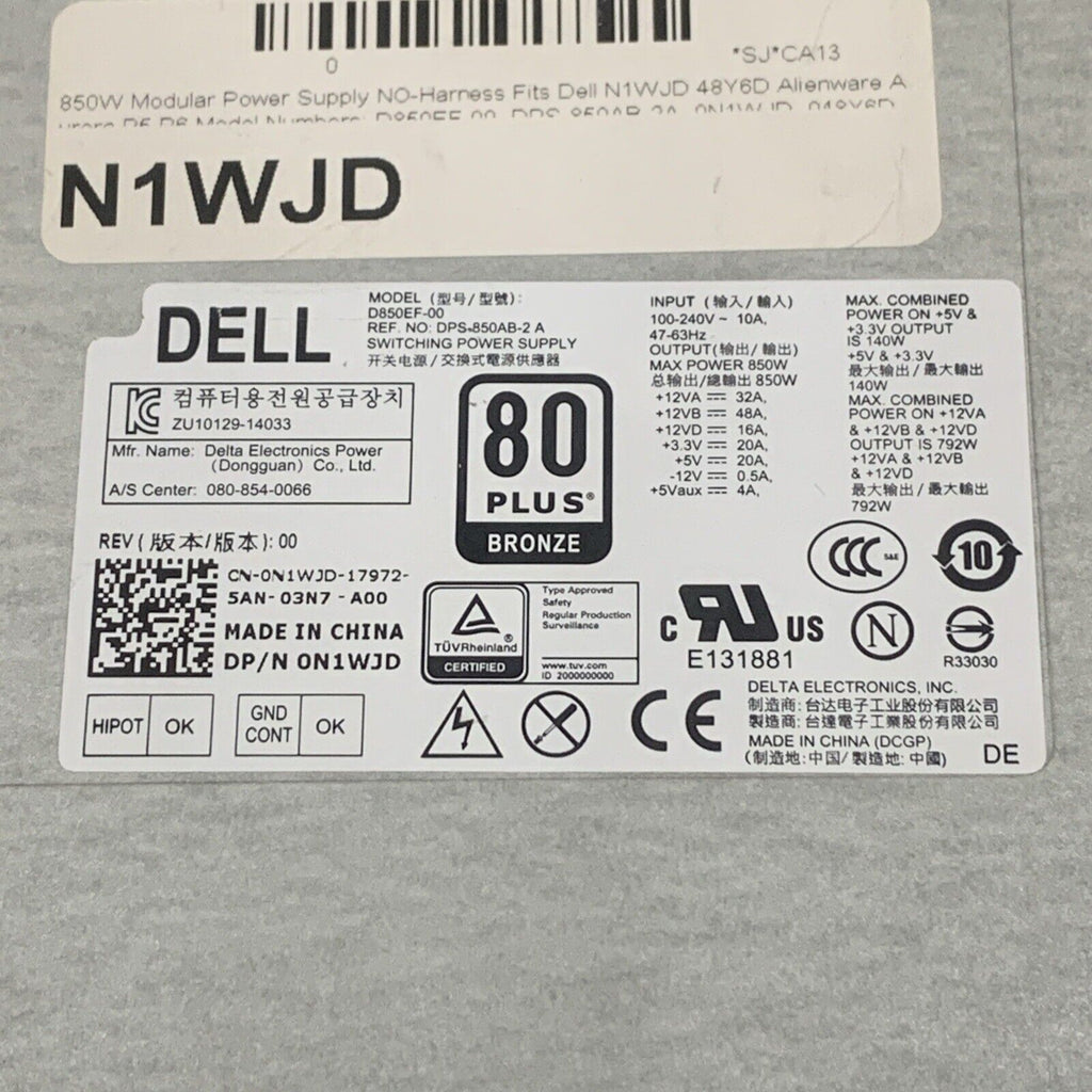 Dell 48Y6D N1WJD 850W PSU Power Supply XPS Alienware Desktop D850EF-00 No Cables