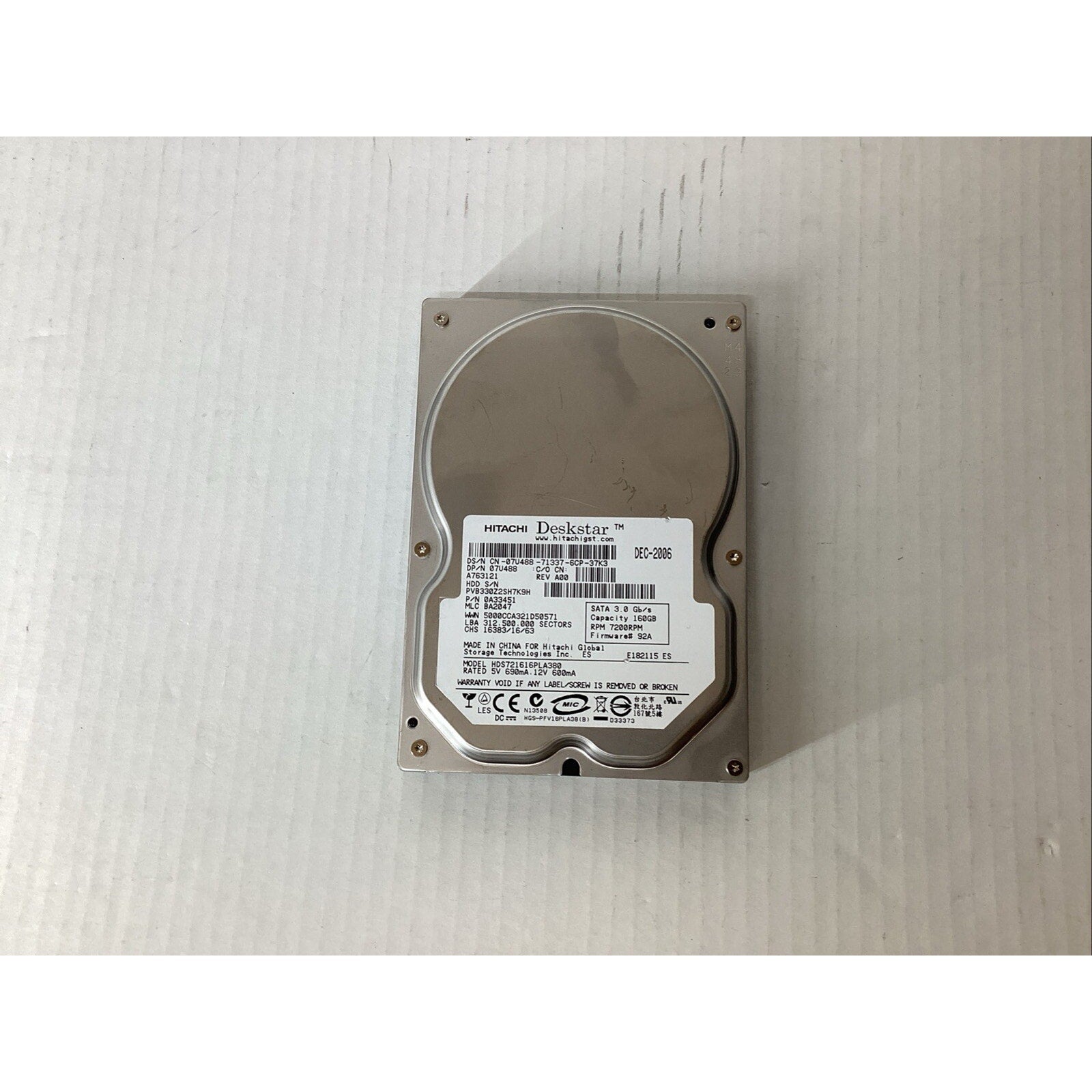 HDS721616PLA380 Hitachi Deskstar 160GB 3.5" SATA Hard Drive 0A33451 07U488