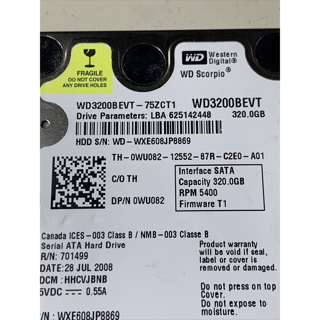 WD WD3200BEVT-75ZCT1 320GB SATA 2.5” Hard Drive 0WU082 2060-701499-000