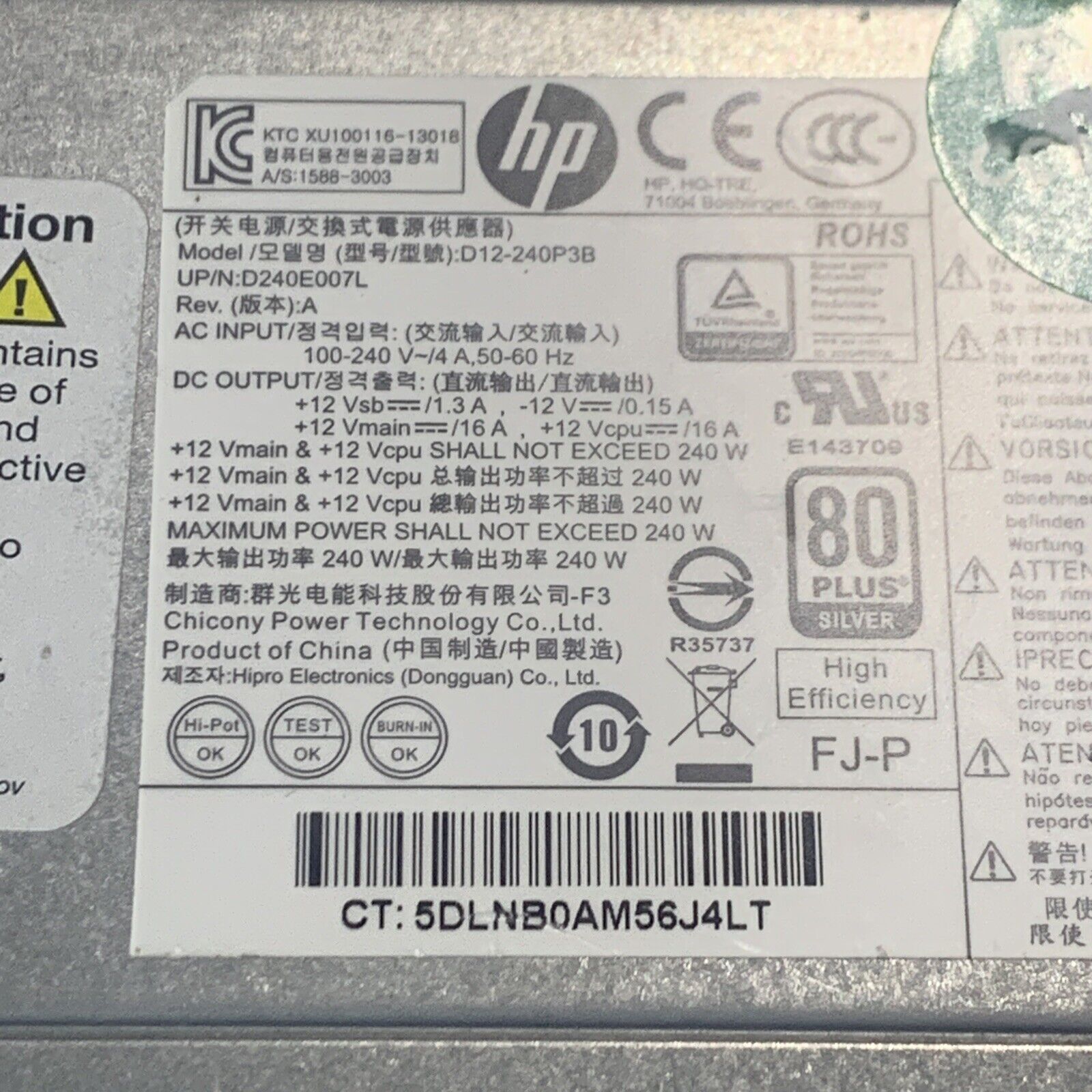 HP D12-240P3B 240W Power Supply For HP ProDesk 400 600 G1 EliteDesk 600 705 800