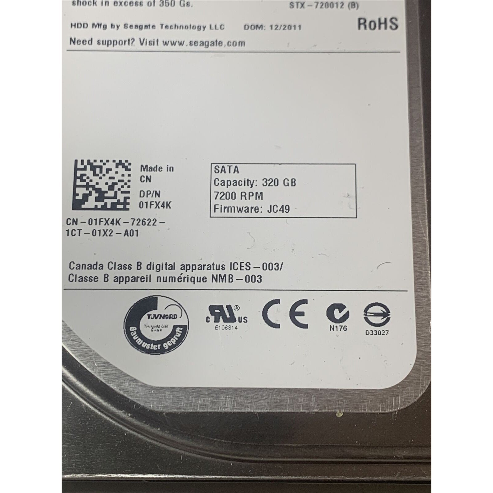 Seagate ST3320413AS 320GB 7200RPM SATA3 3.5" HDD 1FX4K P/N: 9YP14C-520 FW: JC49