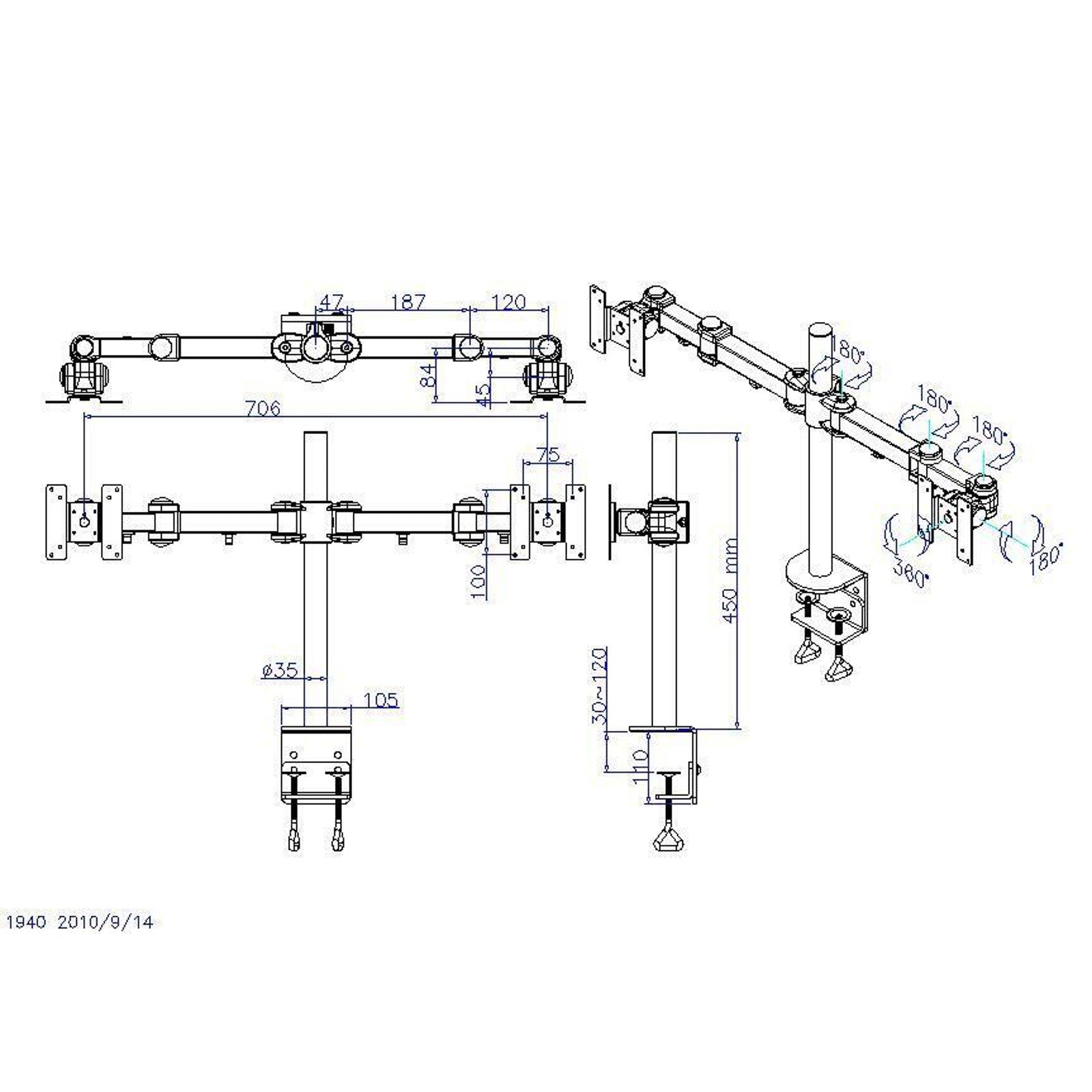 Dual Monitor Stand - 2x LCD Monitor Clamp - Desk Arm with C Clamp