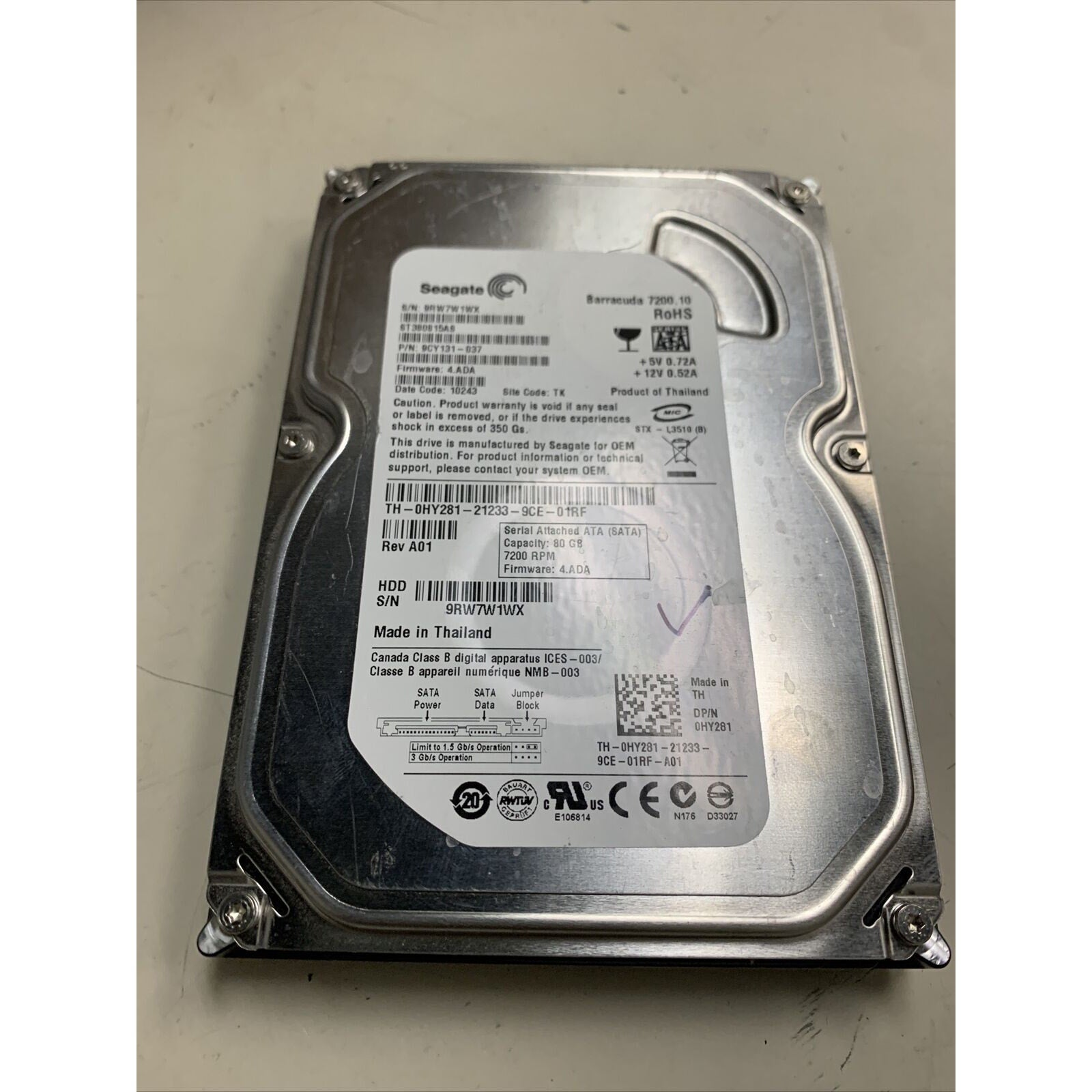 Tested Seagate ST380815AS 9CY131-037 FW:4.ADA TK 80gb 3.5" Sata HDD TESTED