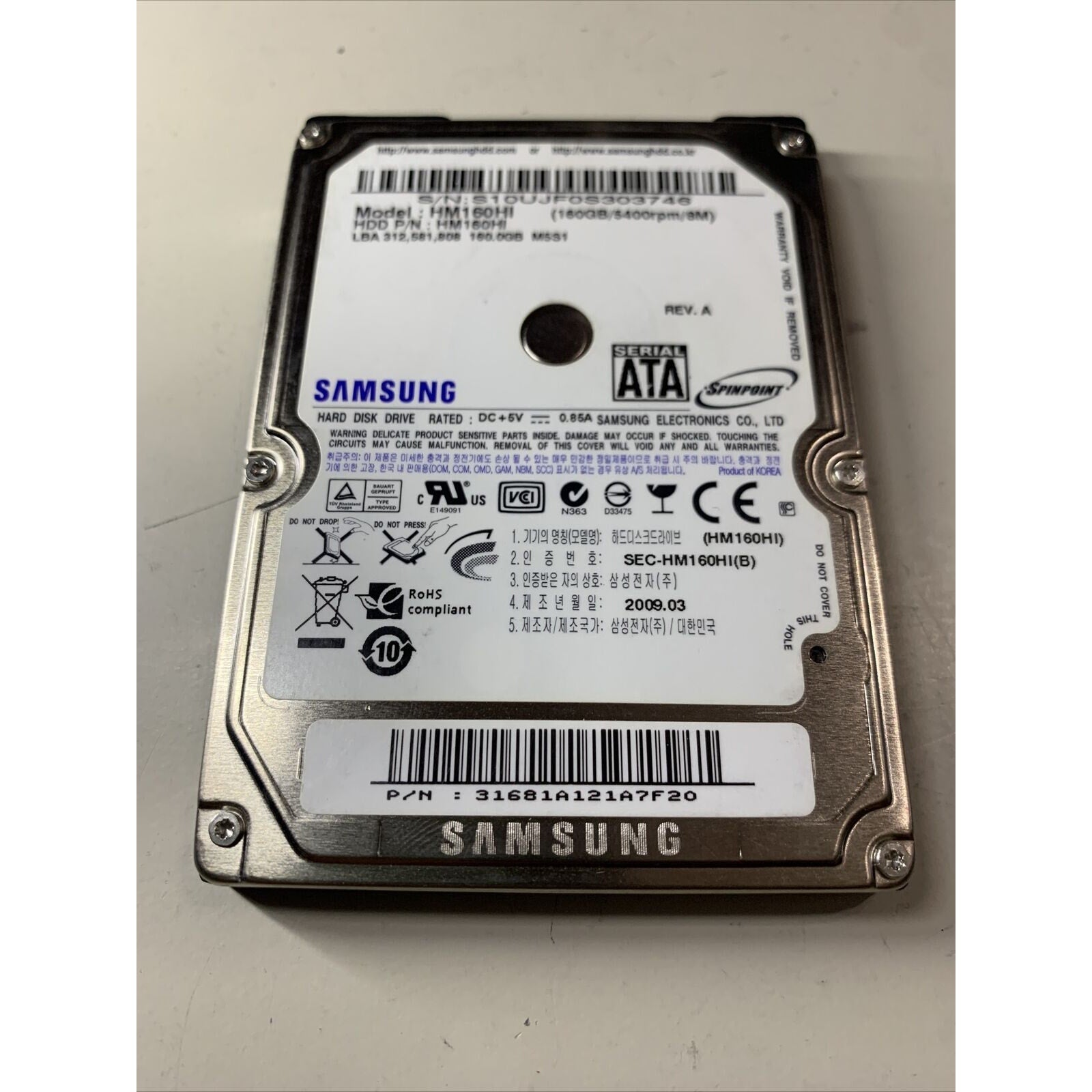Samsung SpinPoint M5S1 HM160HI 160GB Internal HDD 5400rpm 2.5" Hard Disk Drive