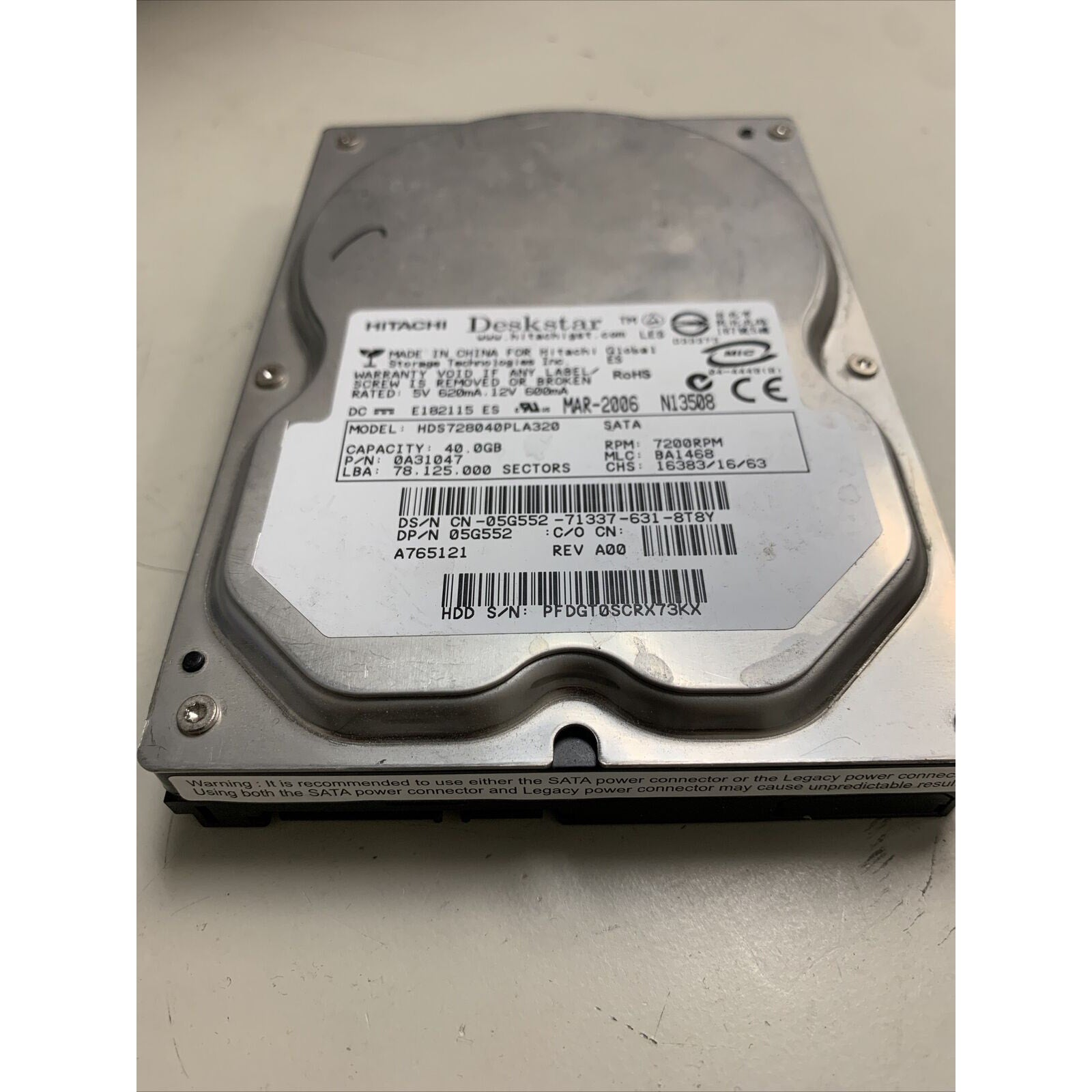 Hitachi HDS728040PLA320 40GB 3.5” SATA Desktop Hard Drive P/N: 0A31047
