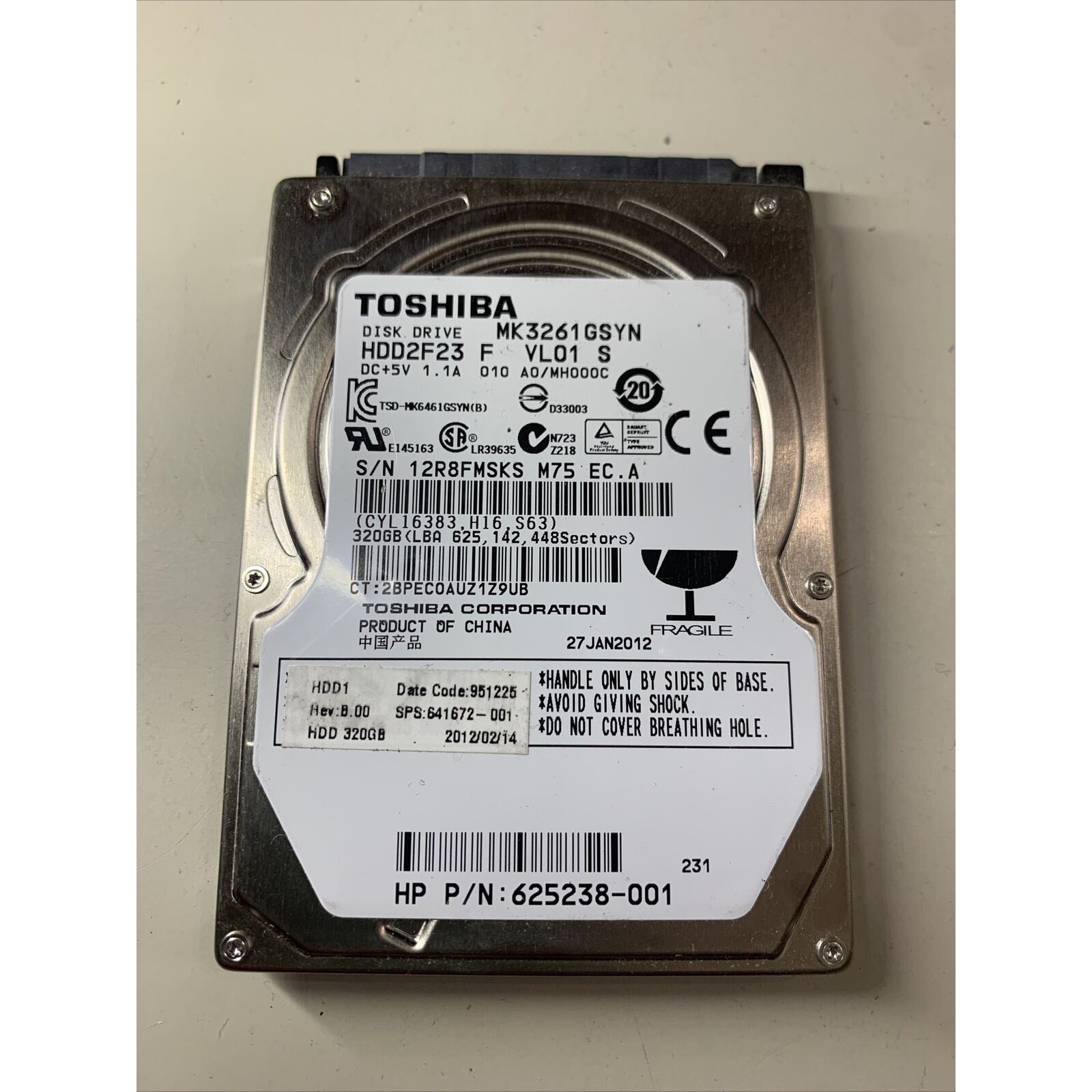 Toshiba MK3261GSYN 320GB 2.5" SATA HDD 7200RPM 3GB/s 16MB Cache 625238-001