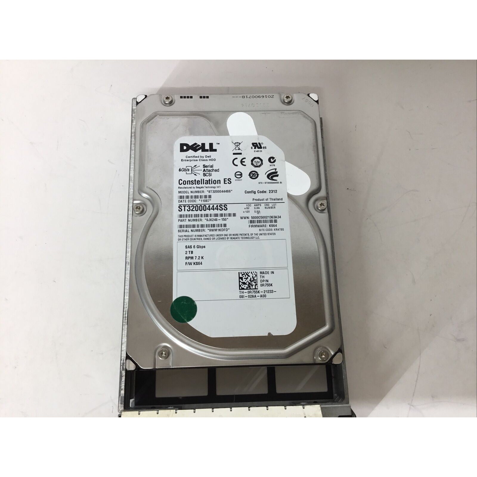 Seagate 2TB 7.2K RPM SAS 3.5" Server Drive ST32000444SS 9JX248, 0R755K w/ Caddy