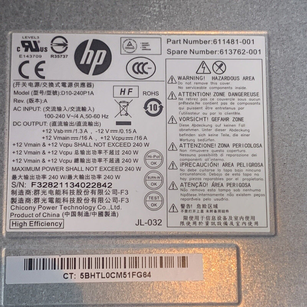 HP D10-240P1A 240w Power Supply 611481-001