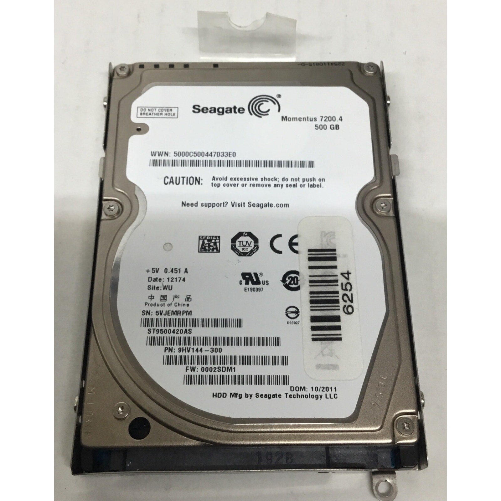 SEAGATE 500GB ST9500420AS 9HV144-300 SN 5VJ 100565308 W/ CADDY
