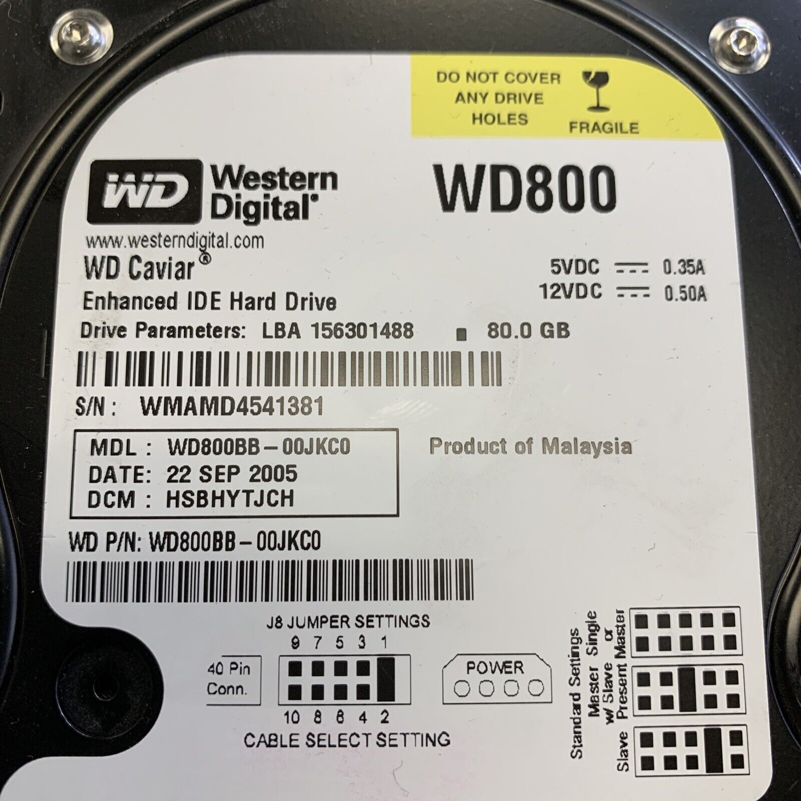 WESTERN DIGITAL CAVIAR WD800BB-00JKC0 80GB 7200RPM ATA / IDE 2MB CACHE 3.5"
