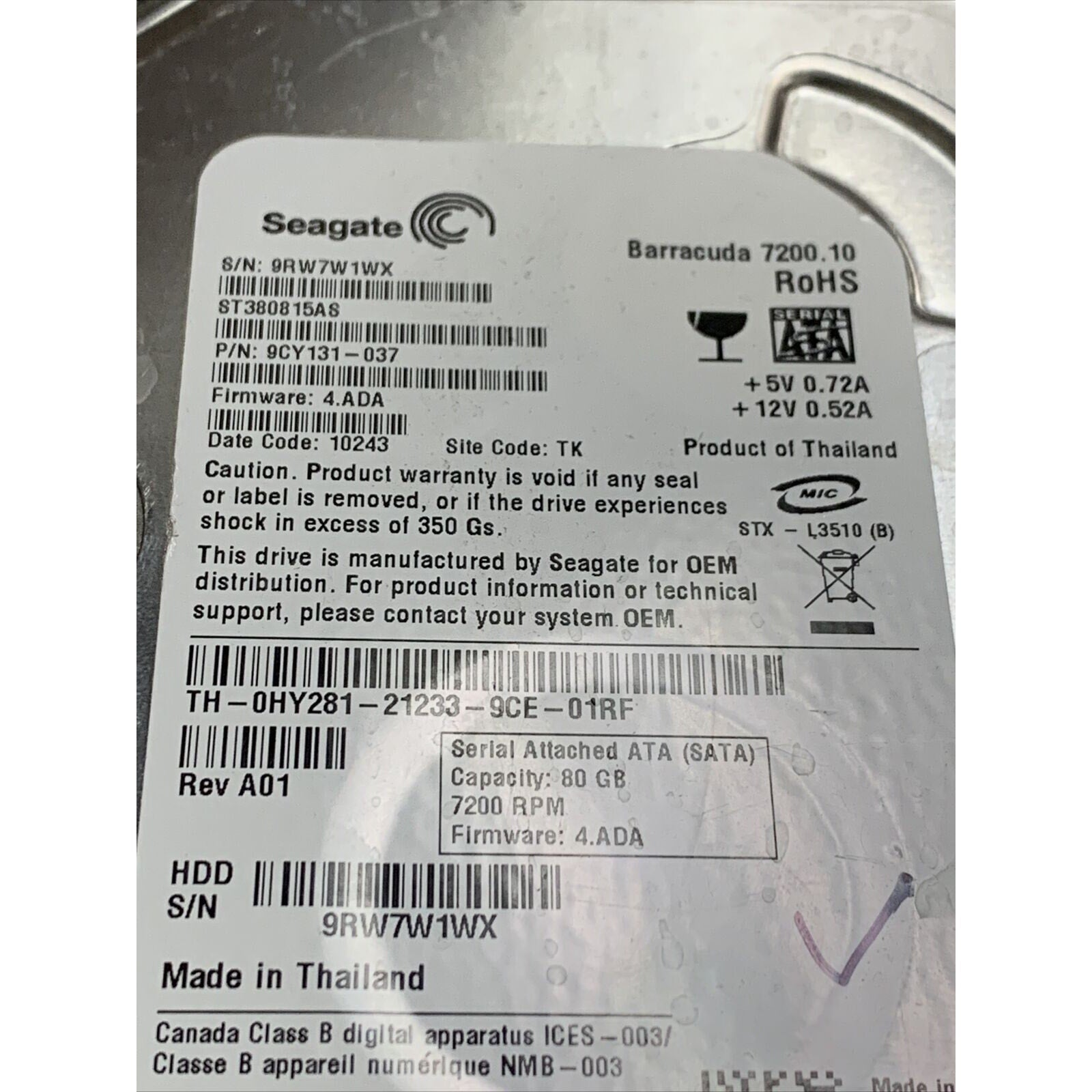 Tested Seagate ST380815AS 9CY131-037 FW:4.ADA TK 80gb 3.5" Sata HDD TESTED