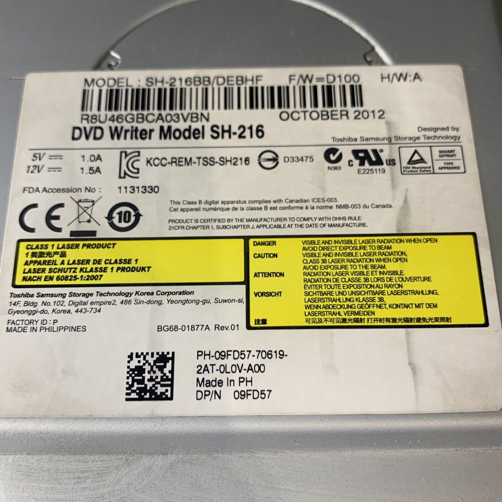 Toshiba SH-216 SATA DVD+RW Writer Drive SH-216BB/DEBHF Dell P/N: 09FD57 / 9FD57