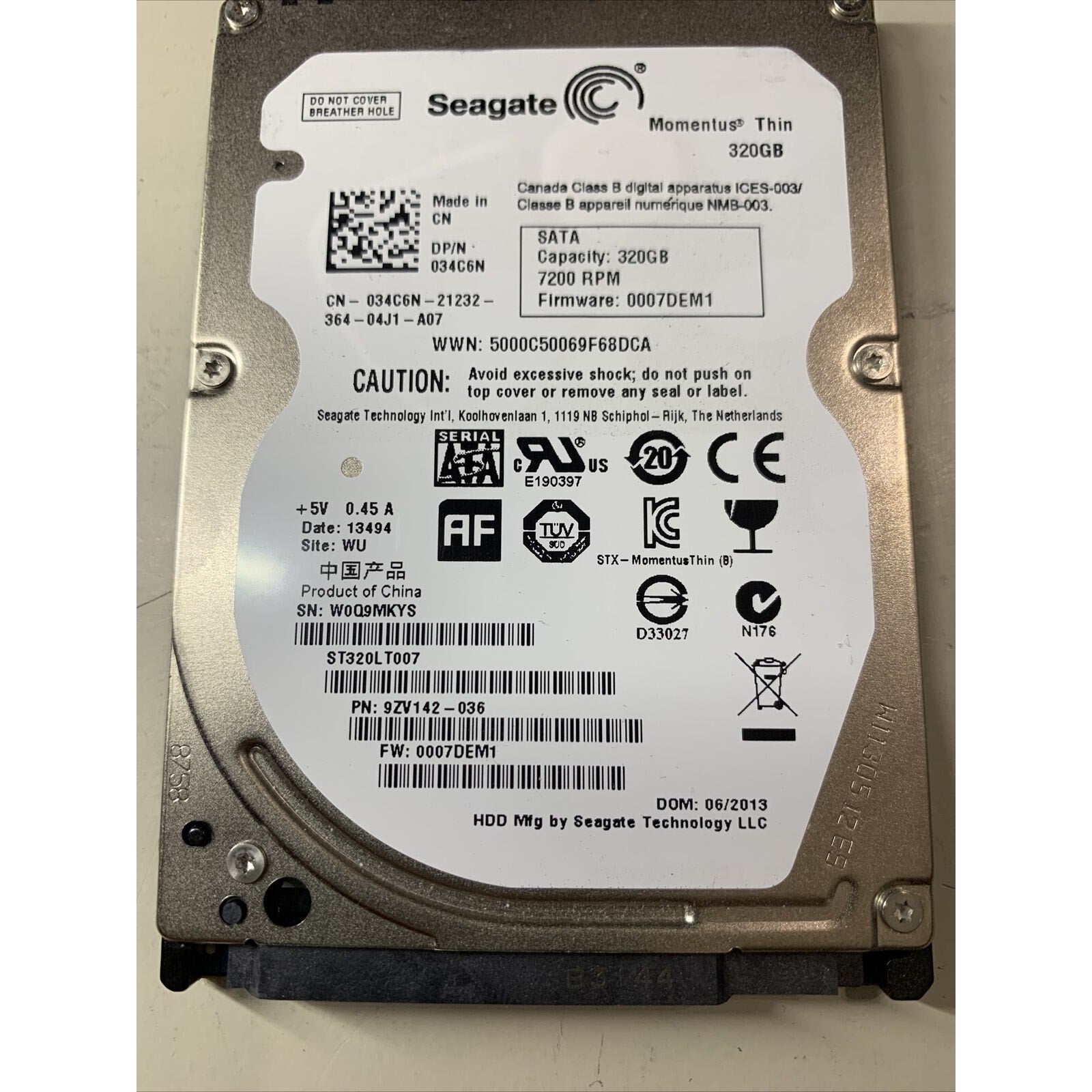 SEAGATE 320Gb 2.5" HARD DRIVE ST320LT007 9ZV142-036 0007DEM1 034C6N 7200rpm
