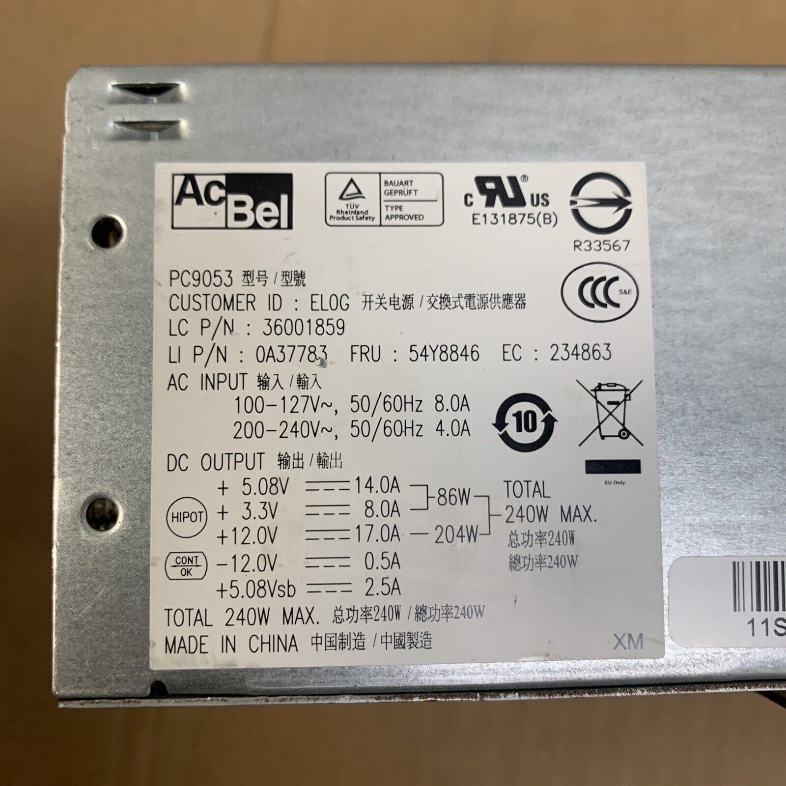 AcBel PC9053 240W Power Supply 36001859 0A37783 54Y8846