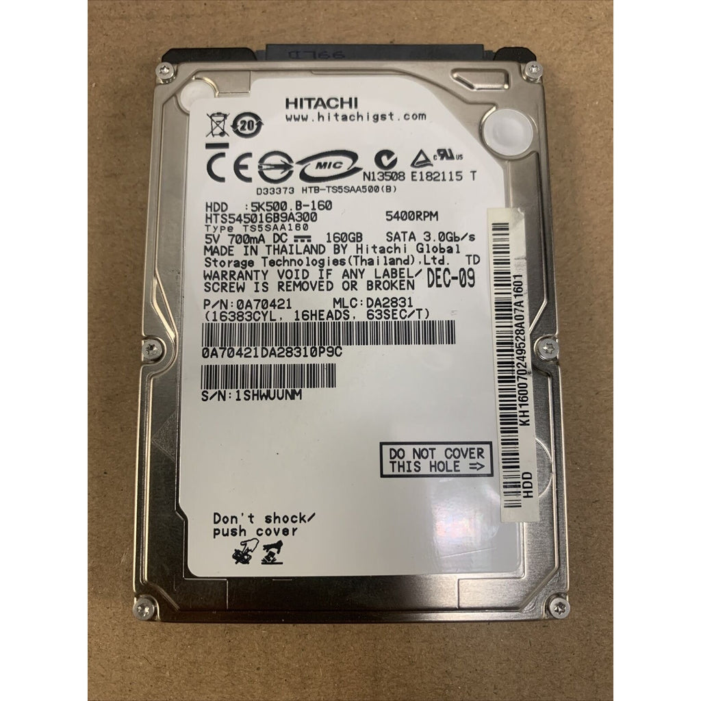 Hitachi HTS545016B9A300, 5K500 B-160, 160GB P/N 0A70421 SATA Laptop Hard Drive