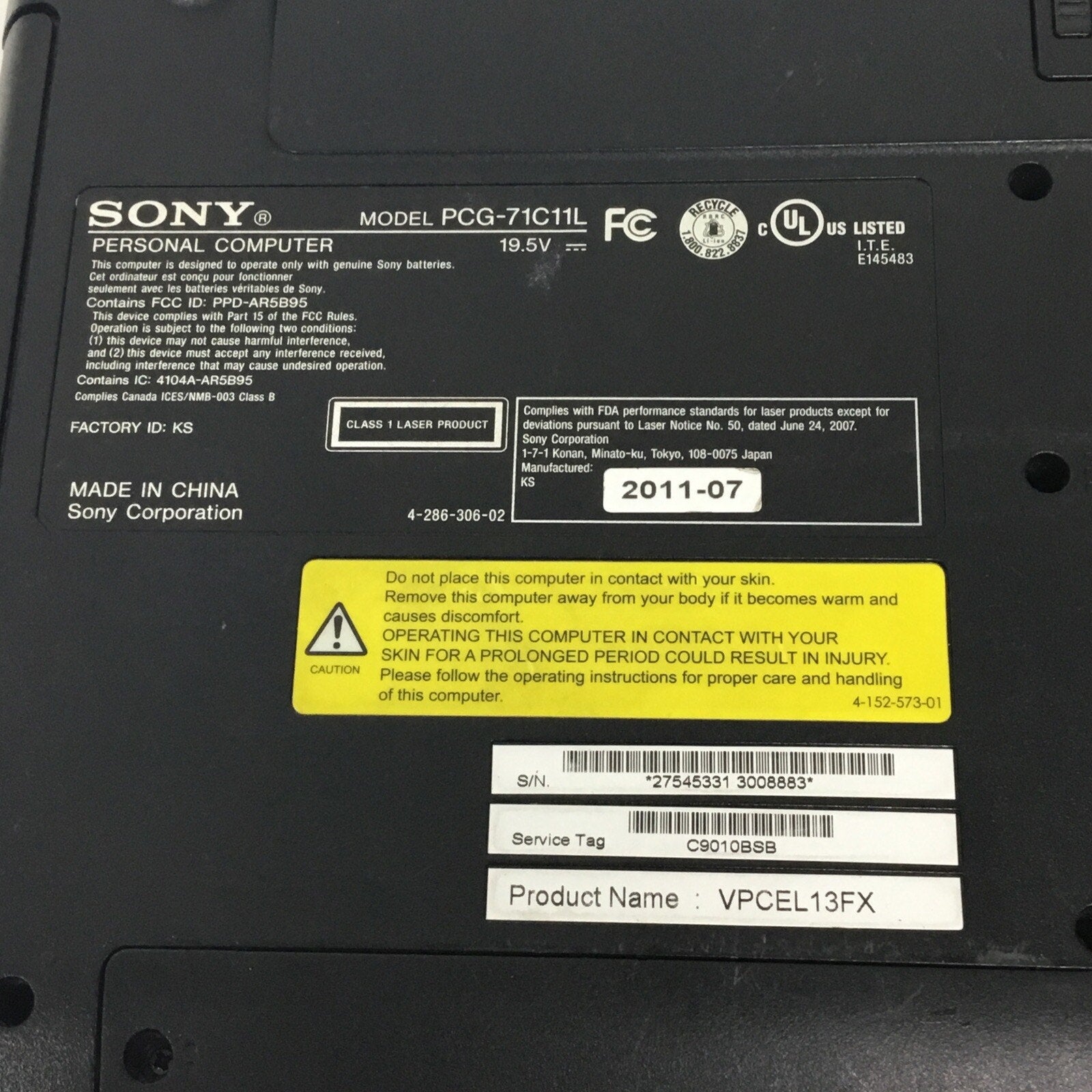 For Parts Sony Vaio PCG-71C11L 4 GB NO HDD Bad Battery READ DESC