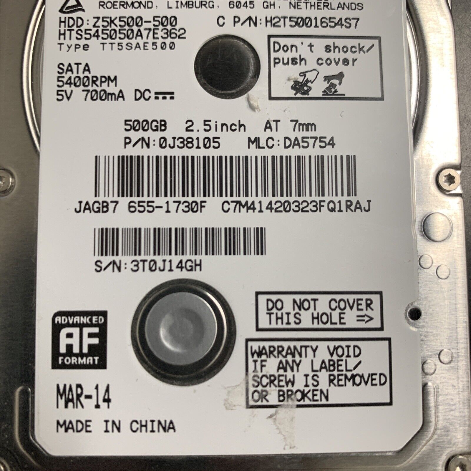 HGST Z5K500-500 HTS545050A7E362 500GB 2.5 in SATA Laptop Hard Drive P/N: 0J38105