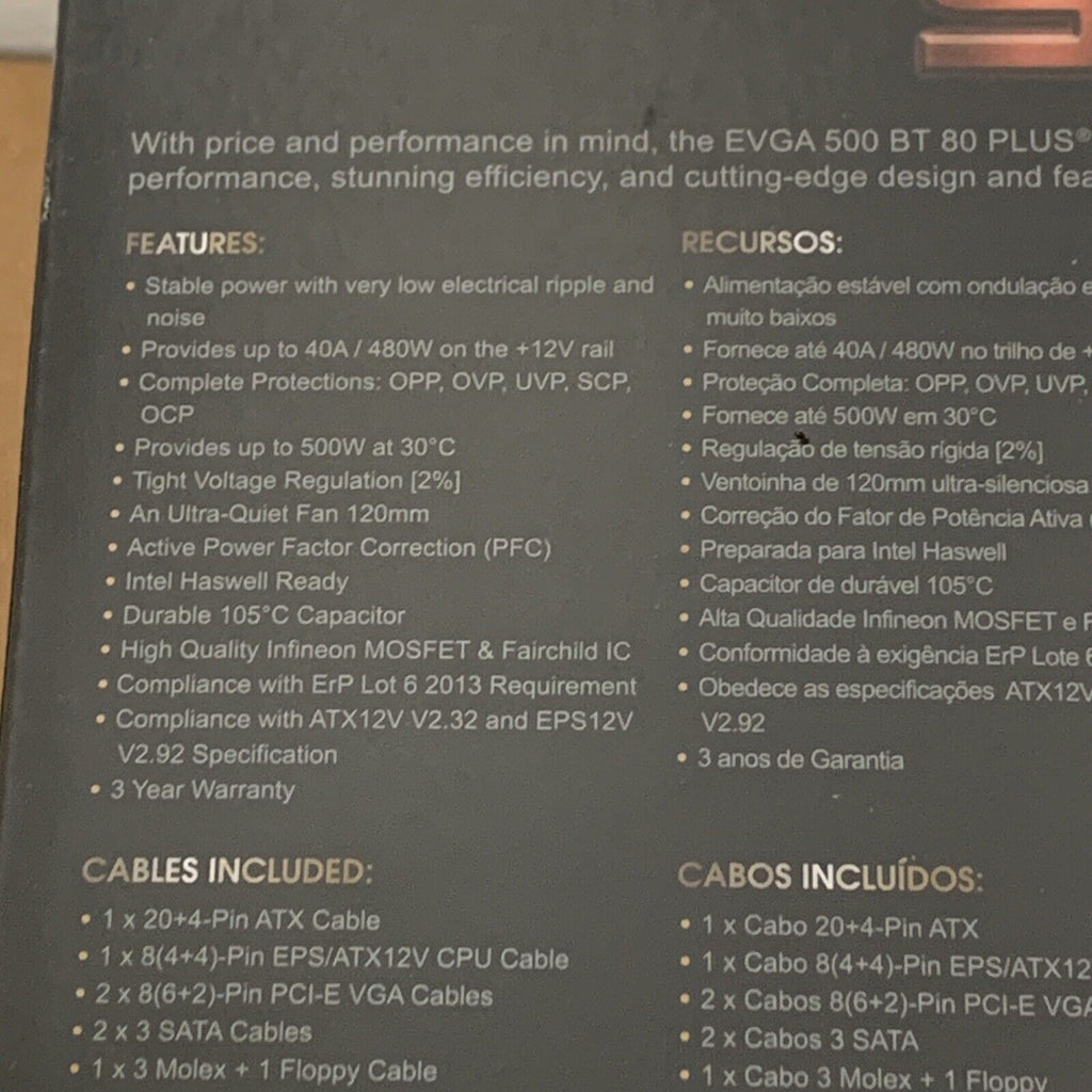 EVGA 500 BT, 80+ Bronze, 500W, Power Supply 100-BT-0500-K1 - Brand New