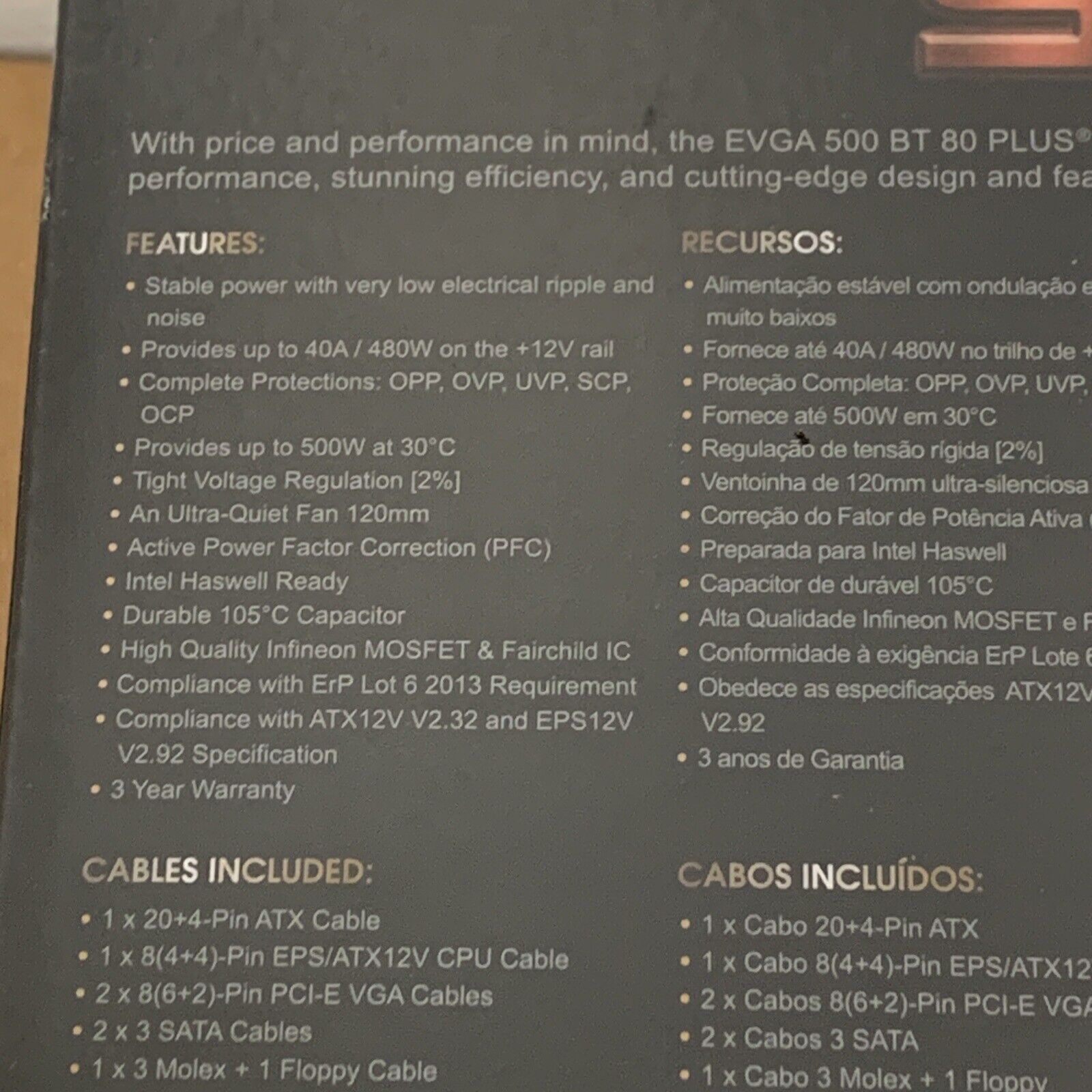 EVGA 500 BT, 80+ Bronze, 500W, Power Supply 100-BT-0500-K1 - Brand New