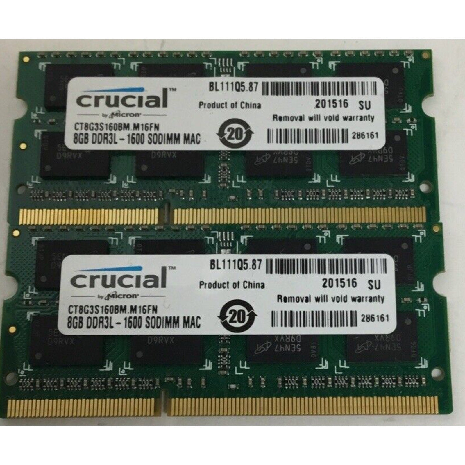 Lot of 2 Crucial 8GB PC3L-12800S DDR3L 1600MHz SO-DIMM RAM Free Shipping Tested