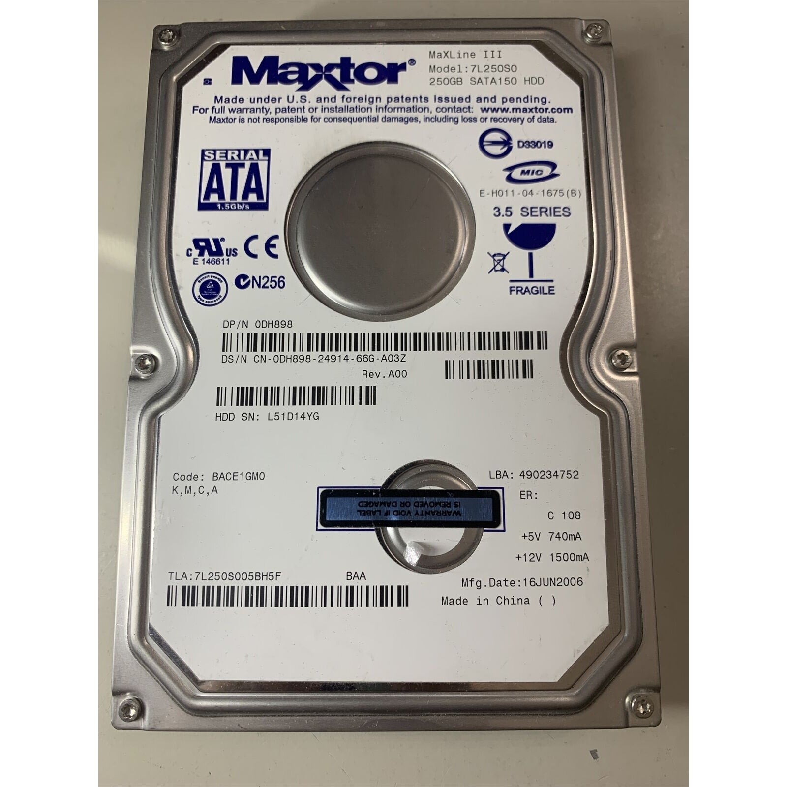 MAXTOR 7L250S0 250GB 3.5" SATA MaXLine III HDD - 0DH898 DH898