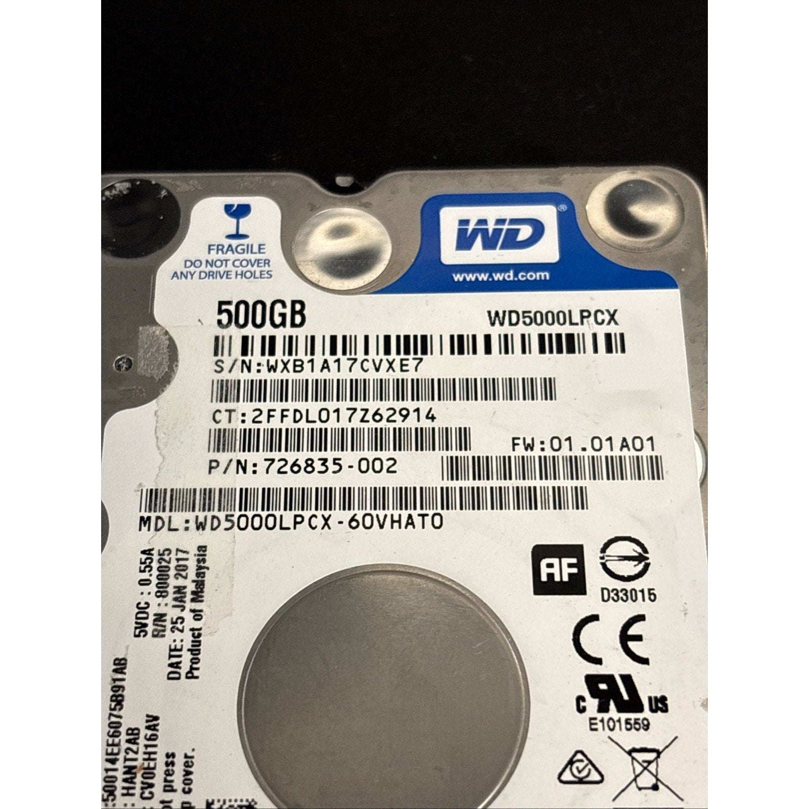 WD BLUE 500Gb 2.5" SATA HDD WD5000LPCX-60VHAT0 726835-002 5400RPM FW: 01.01A01