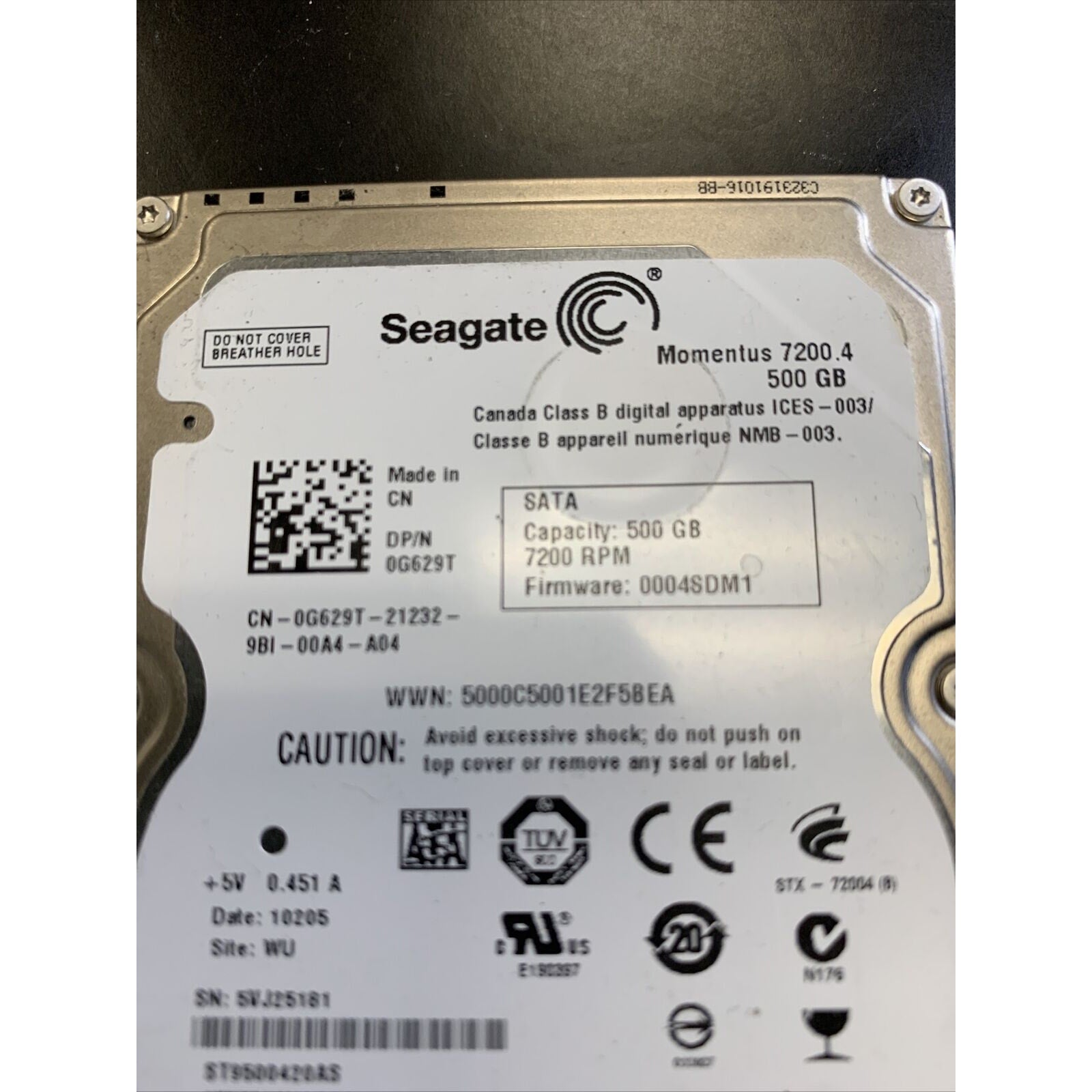 Seagate 500GB SATA 2.5" 7200RPM HDD Hard Drive ST9500420AS 9HV144-033 Dell G629T