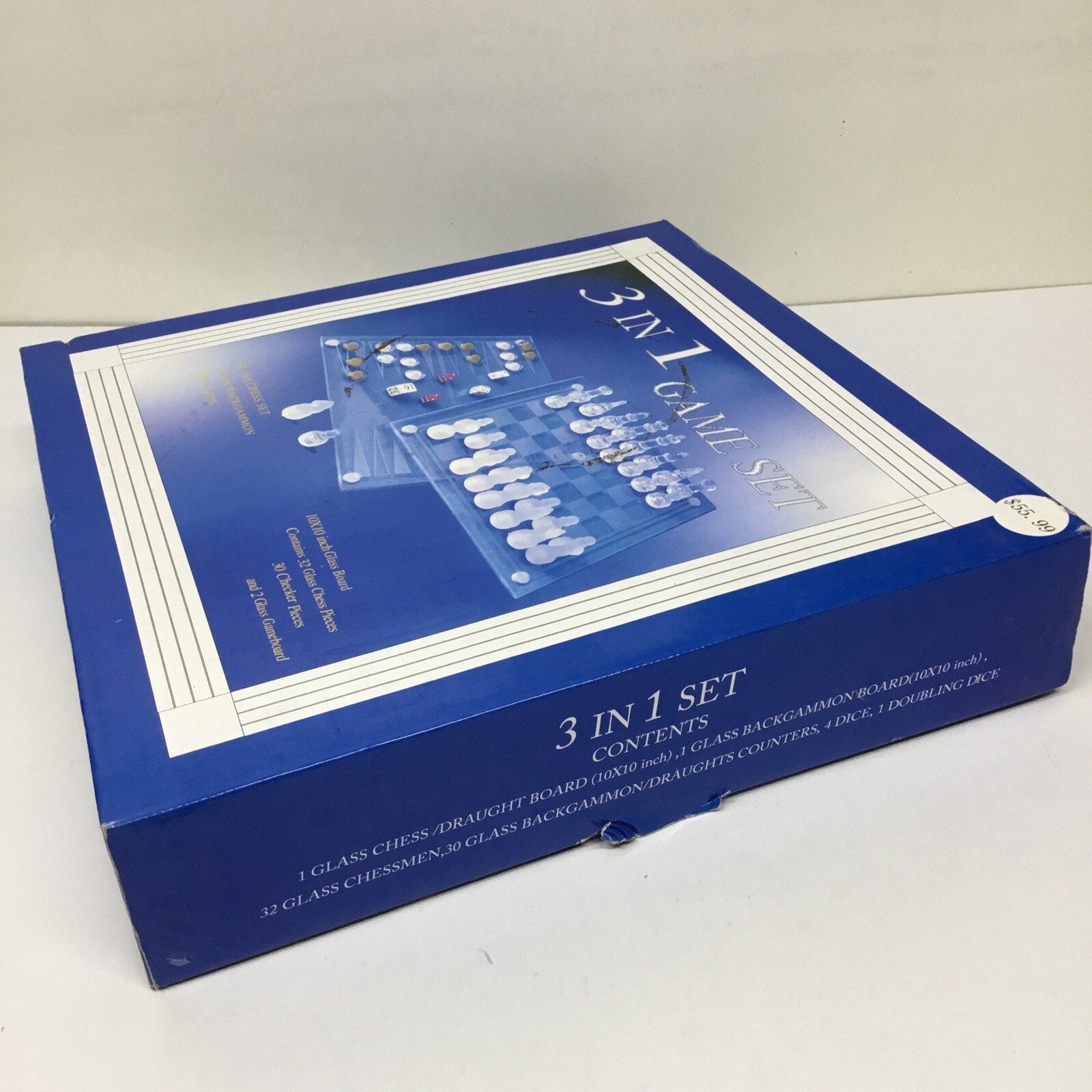 3 in 1 Game Set Chess, Checkers, Backgammon 10"x10" Glass Board and Chess Pieces