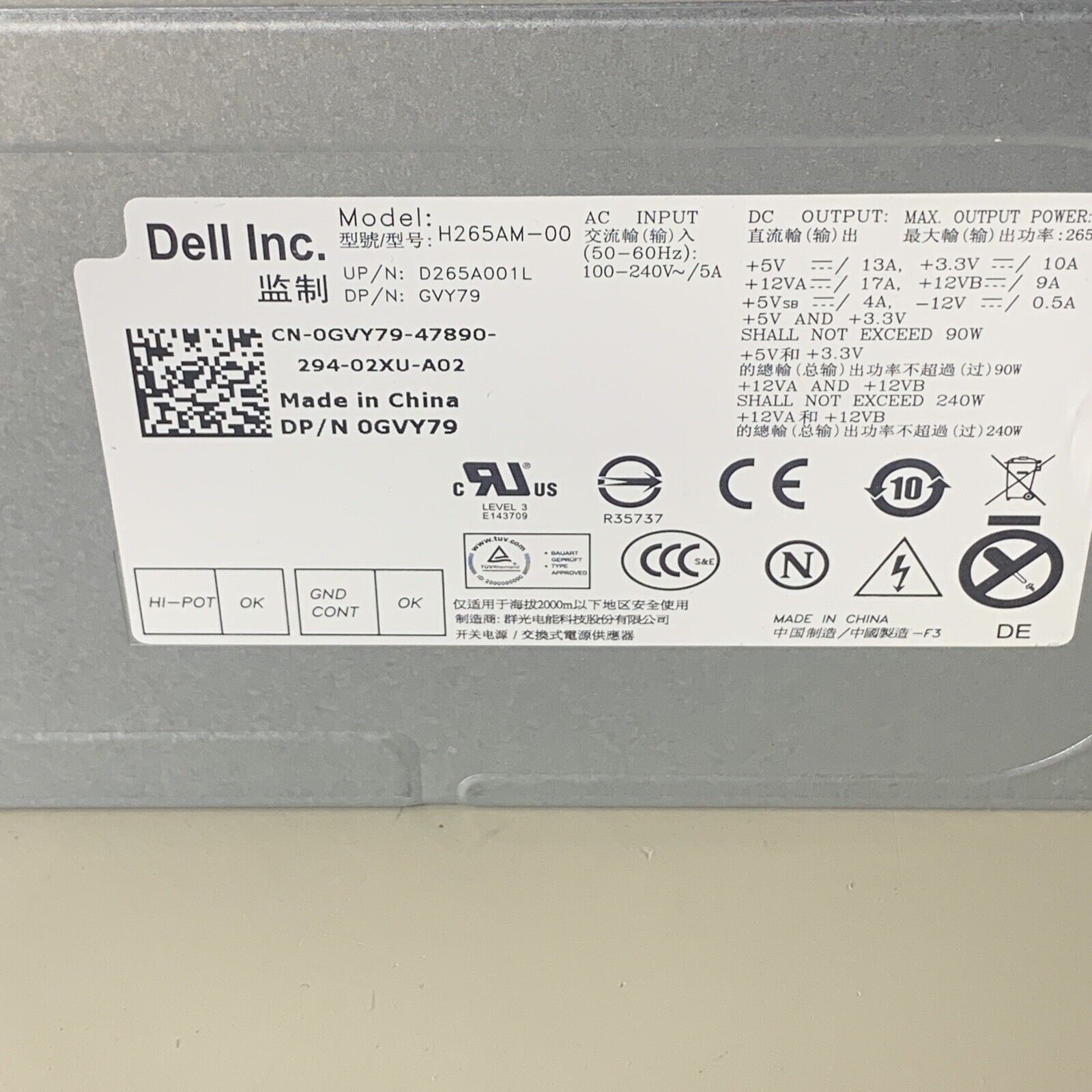 Genuine Dell Optiplex 790 990 MT Power Supply 0GVY79 265W H265AM-00 Tested