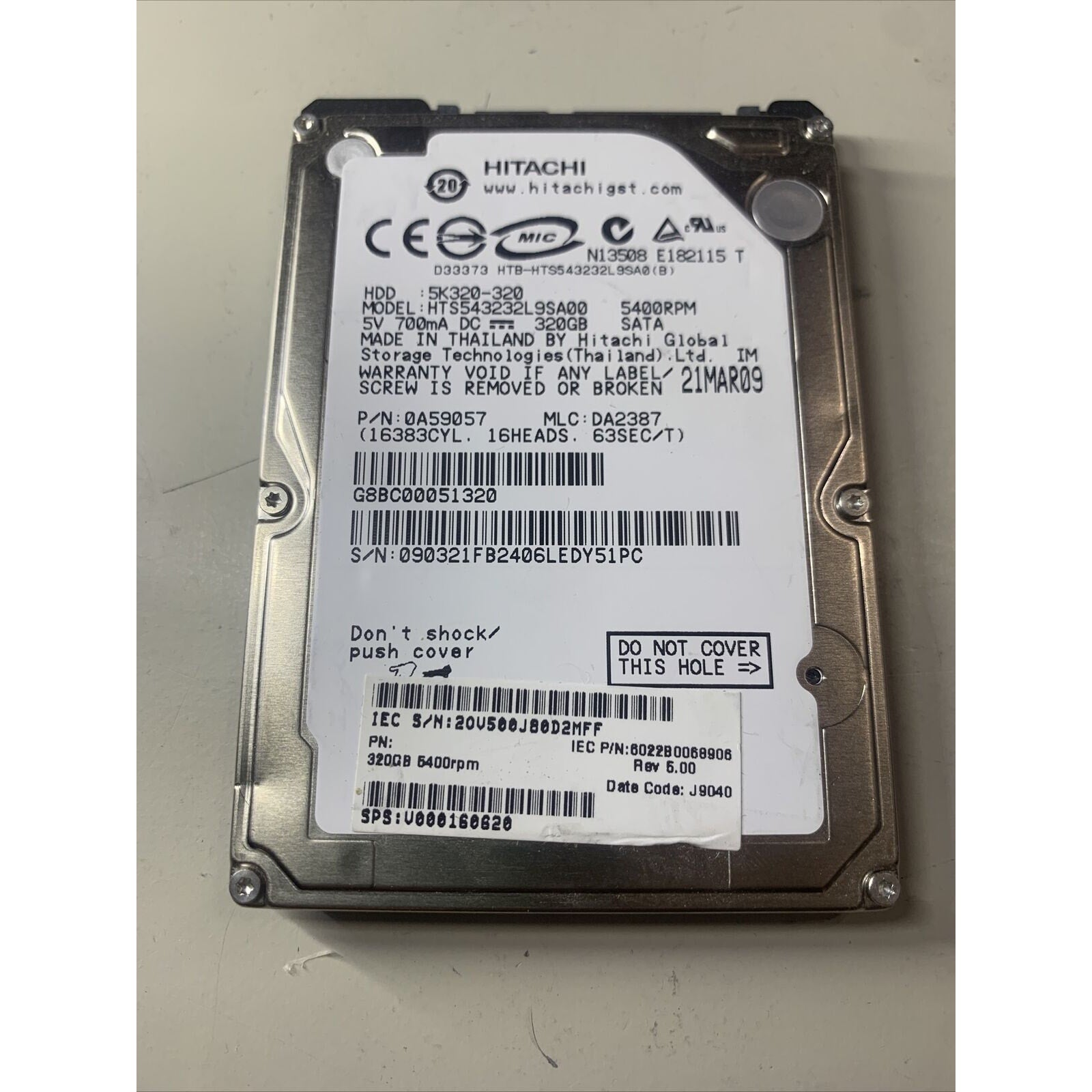 Hitachi 320GB Laptop hard drive 2.5" Travelstar 5K320-320 5400RPM HTS543239SA00