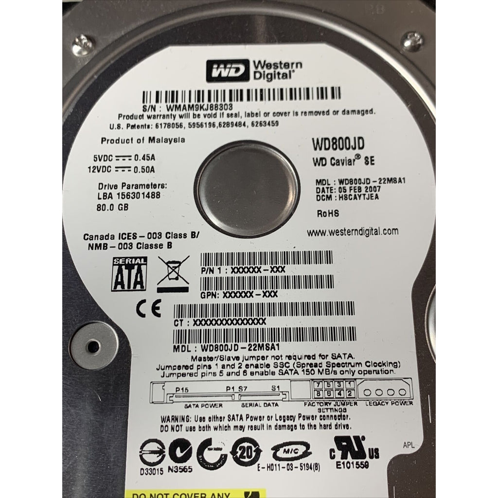 Western Digital WD800JD-22MSA1 80GB Sata HDD W/ Pcb Board 2060-701335-005 Rev A