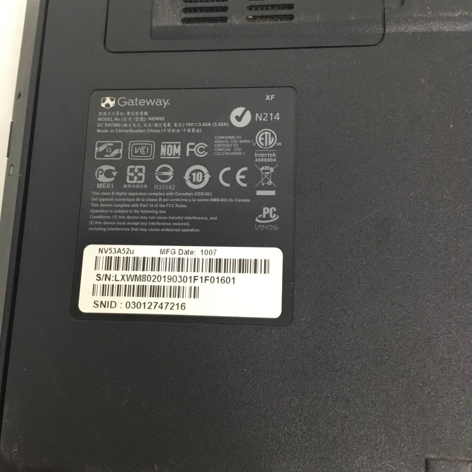 For Parts Gateway NV53A Laptop / No HDD / No Adapter / Bad Battery