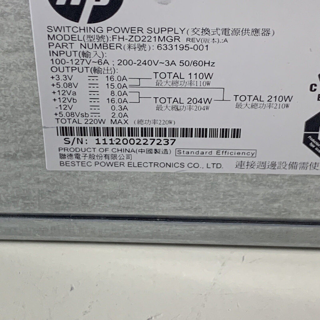 HP Genuine FH-ZD221MGR Power Supply 220W 633195-001