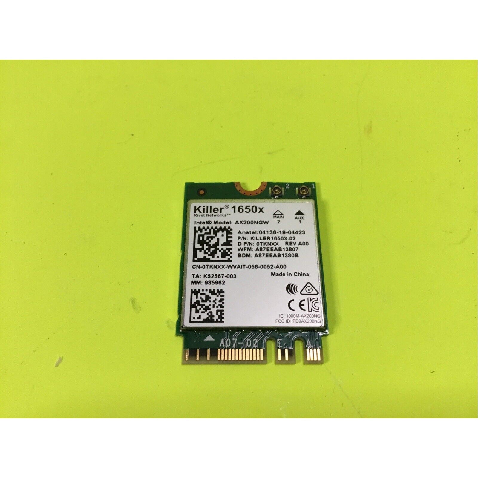 Killer Wi-Fi 6 AX1650 Module Dual Band, 2x2 Wi-Fi 6/11AX BT 5.2 M.2 (1650X)