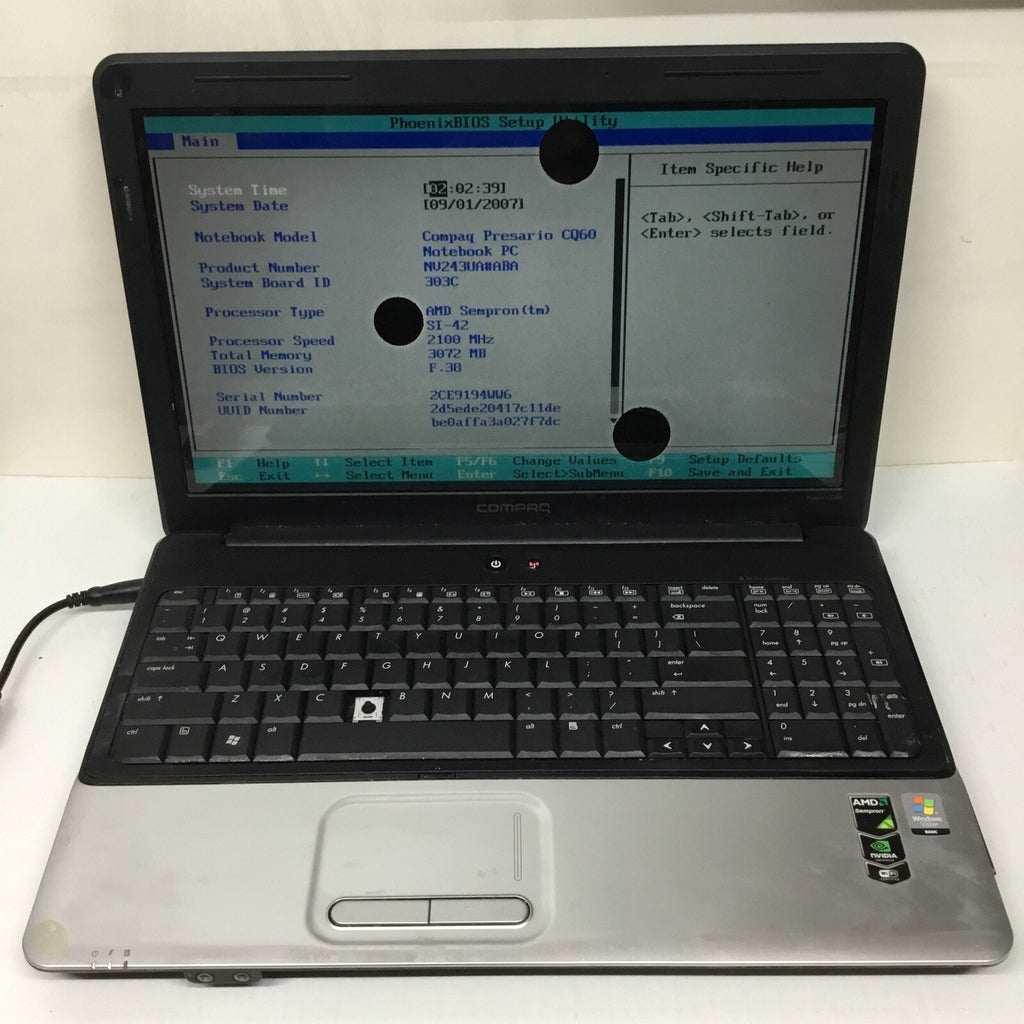 Compaq Presario CQ60-419WM, AMD Sempron @2.1GHz, 3GB RAM, No HDD/OS, Read