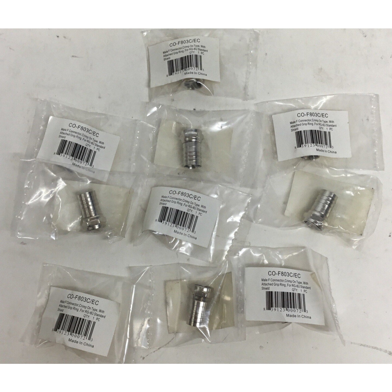 10 Pack Lot - Male F Connector Crimp On Type, With Attached Grip Ring, For RG-6U