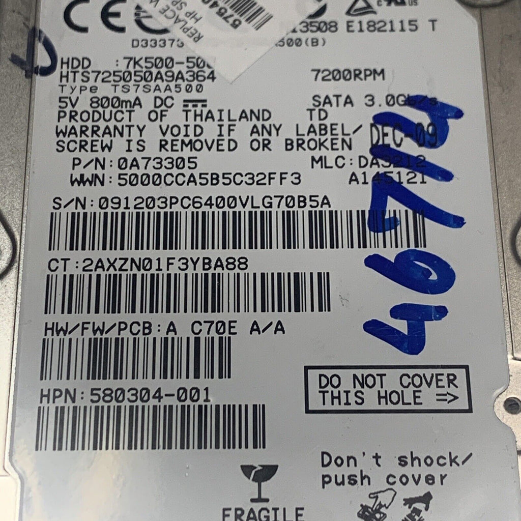 HITACHI 500GB Laptop Hard Drive HDD 2.5" 7200RPM SATA 3Gb/s 16MB Cache 7K500-500