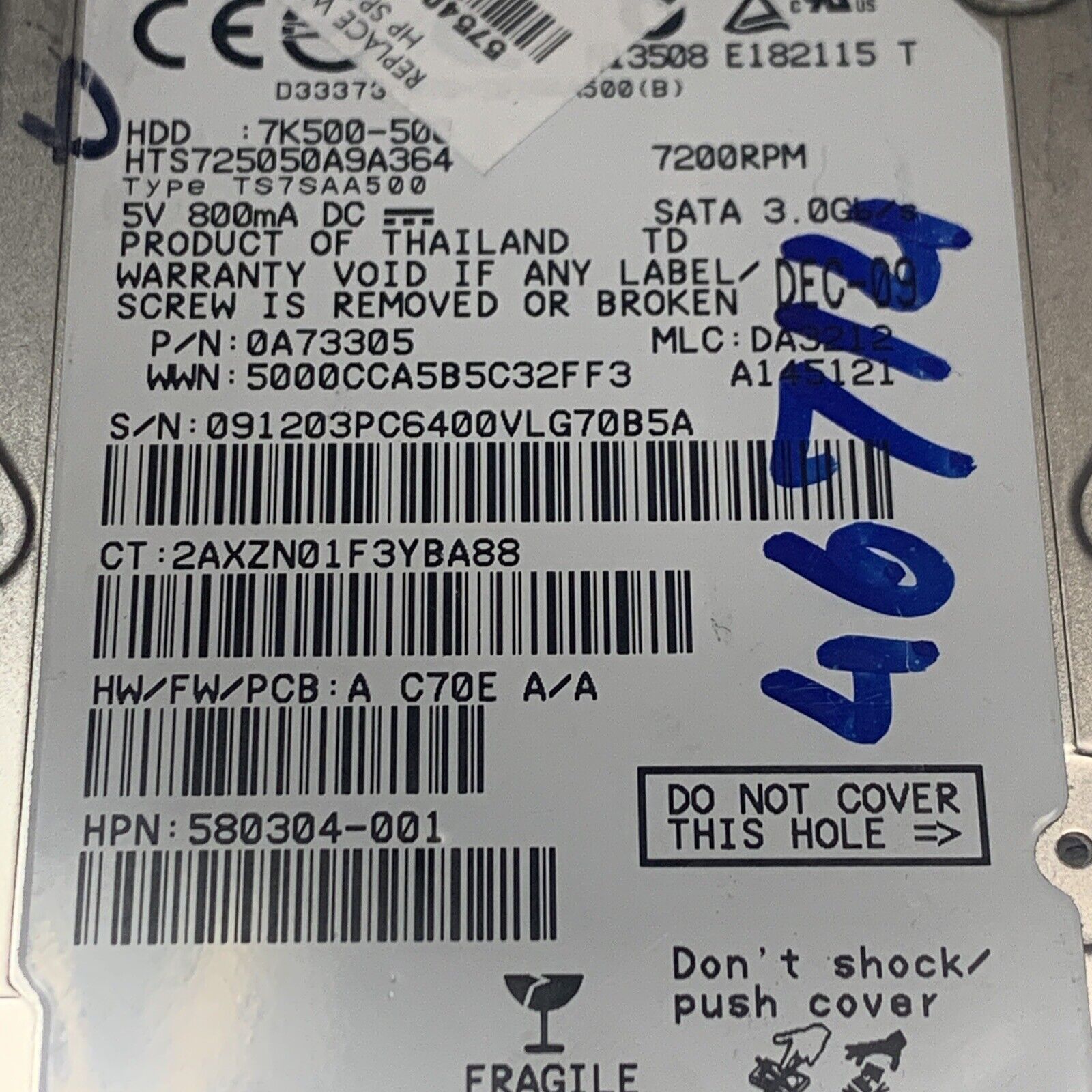 HITACHI 500GB Laptop Hard Drive HDD 2.5" 7200RPM SATA 3Gb/s 16MB Cache 7K500-500