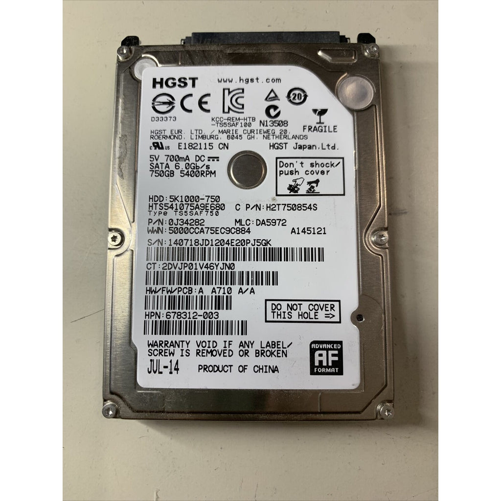 HGST 750GB 5K1000-750 5400RPM 3Gb/s HDD HTS541075A9E680 H2T750854S 678312-003