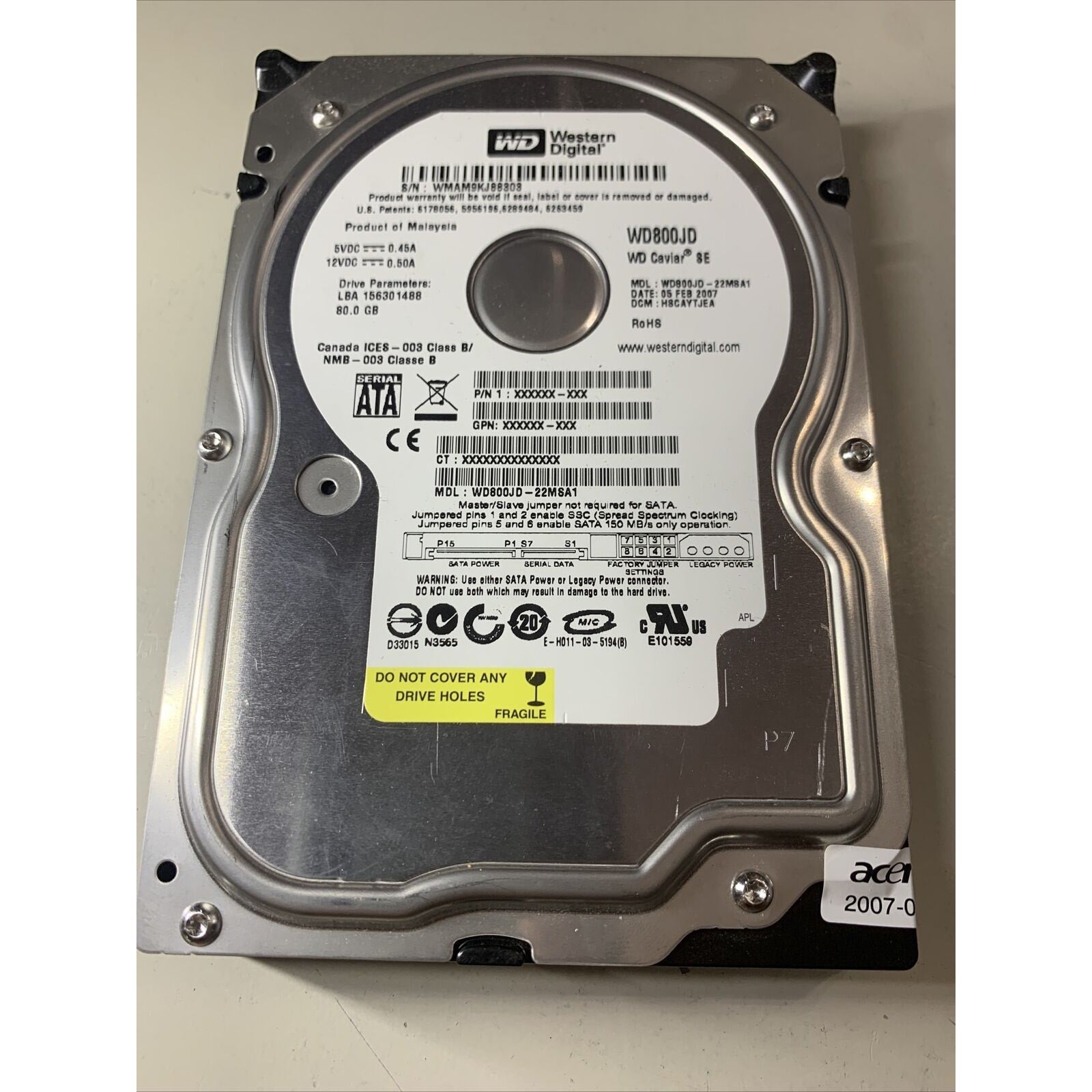 Western Digital WD800JD-22MSA1 80GB Sata HDD W/ Pcb Board 2060-701335-005 Rev A