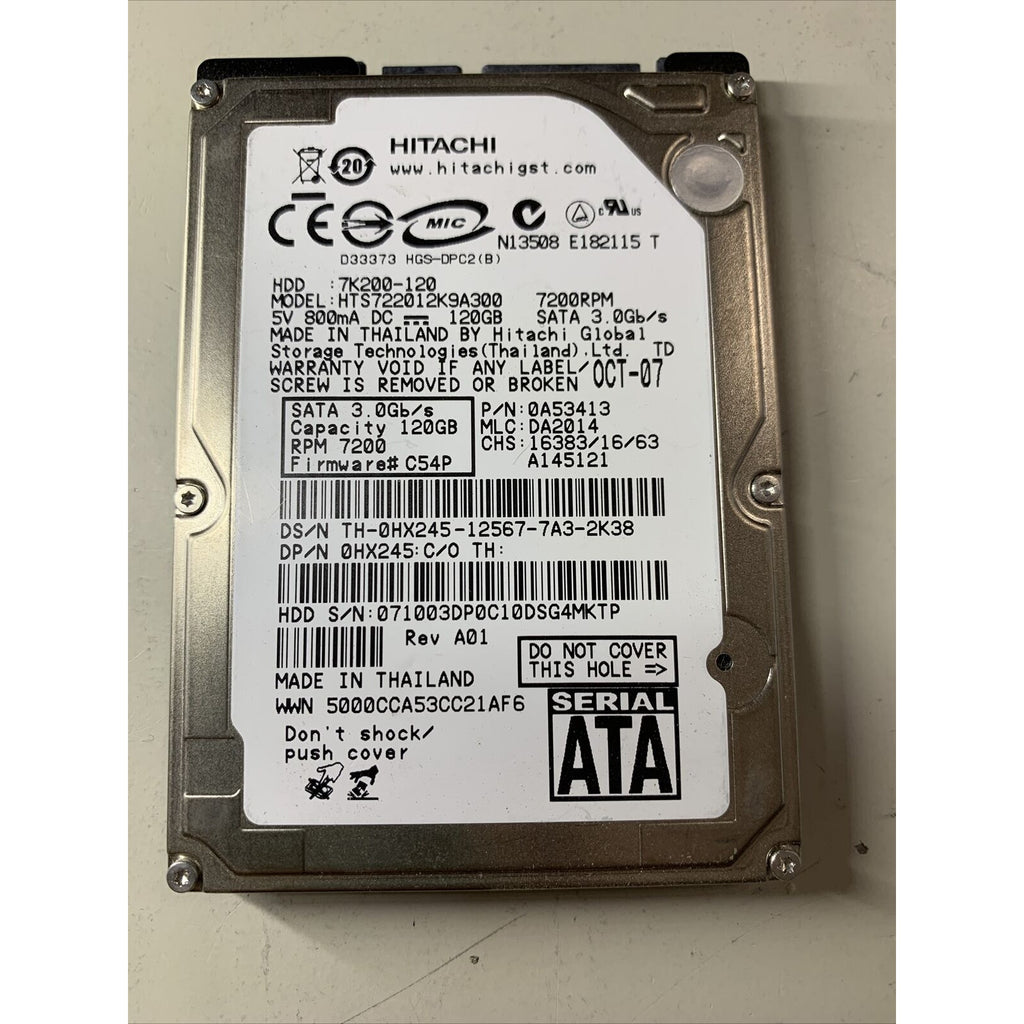 HITACHI 120GB HTS722012K9A300 7K200-120 7200RPM SATA Laptop Hard Drive 0A53413