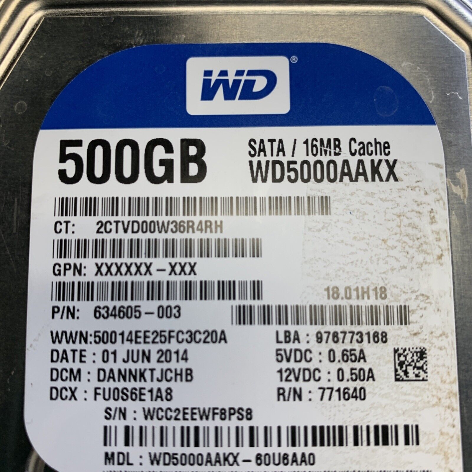 WD WD5000AAKX-60U6AA0 500GB 7.2k SATA 6Gbps 16MB Cache 3.5" HDD P/N: 634605-003